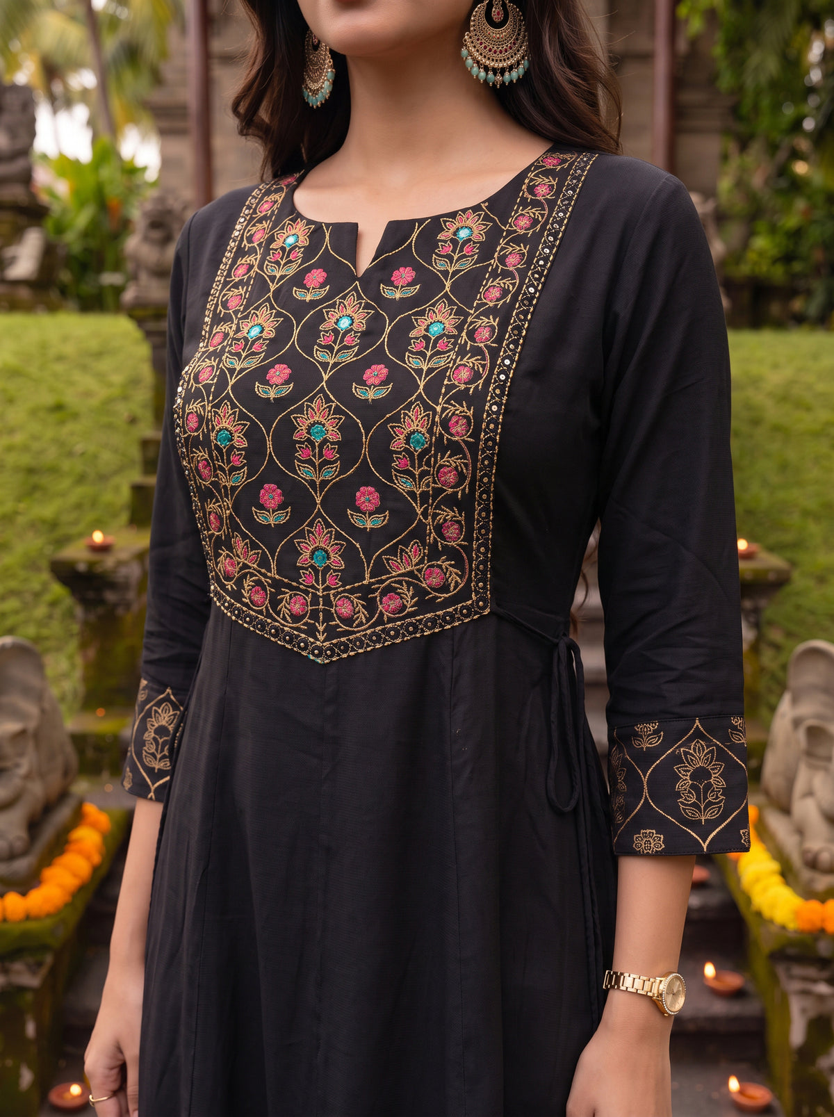 Rayon Embroidered Flared Calf Length Kurta