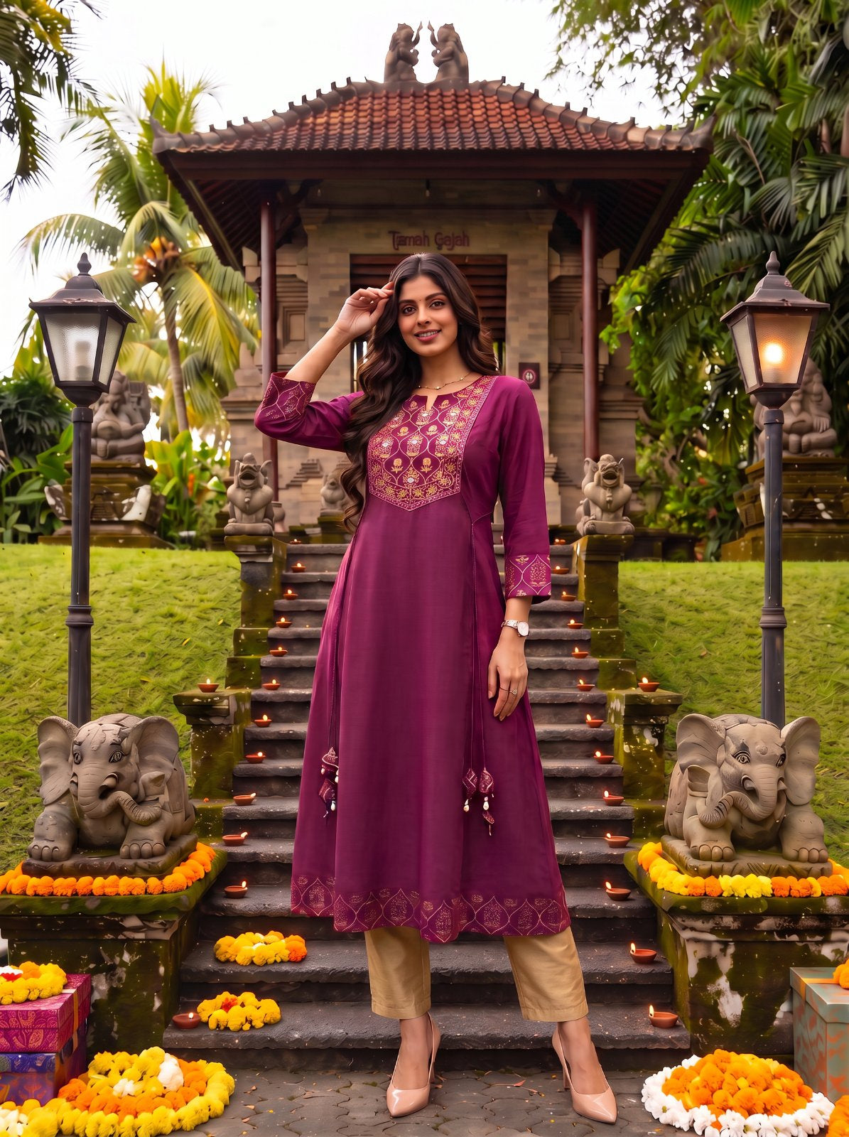 Buy Rayon Embroidered Flared Calf Length Kurta-Wine