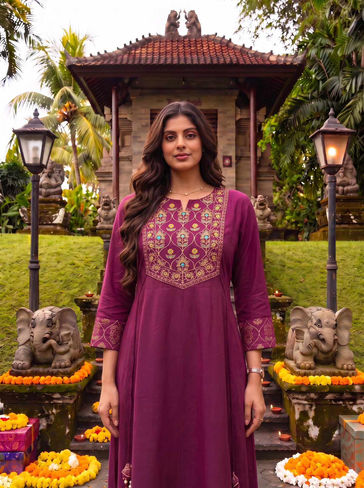 Buy Rayon Embroidered Flared Calf Length Kurta-Wine