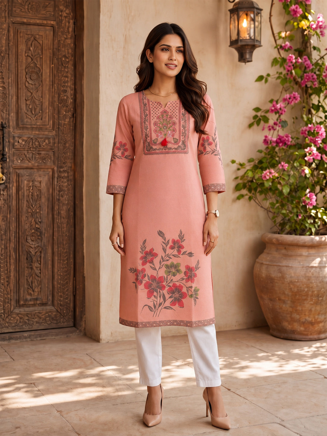 Buy Cotton Printed Straight Calf Length Kurta-Peach