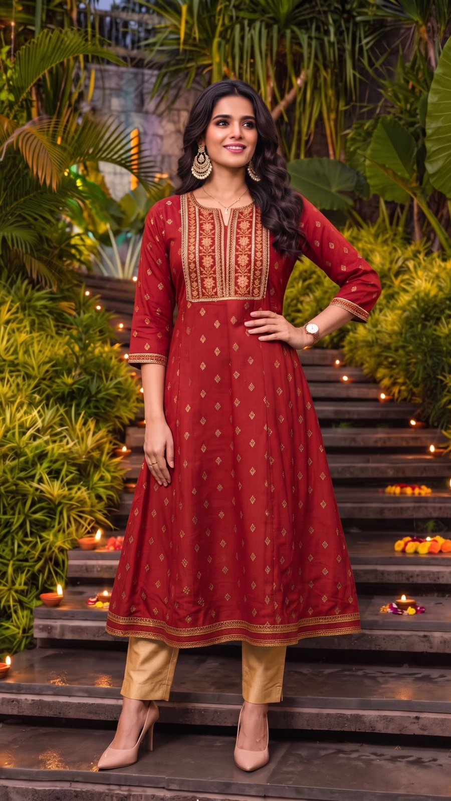 Buy Rayon Embroidered Flared Calf Length Kurta-Red