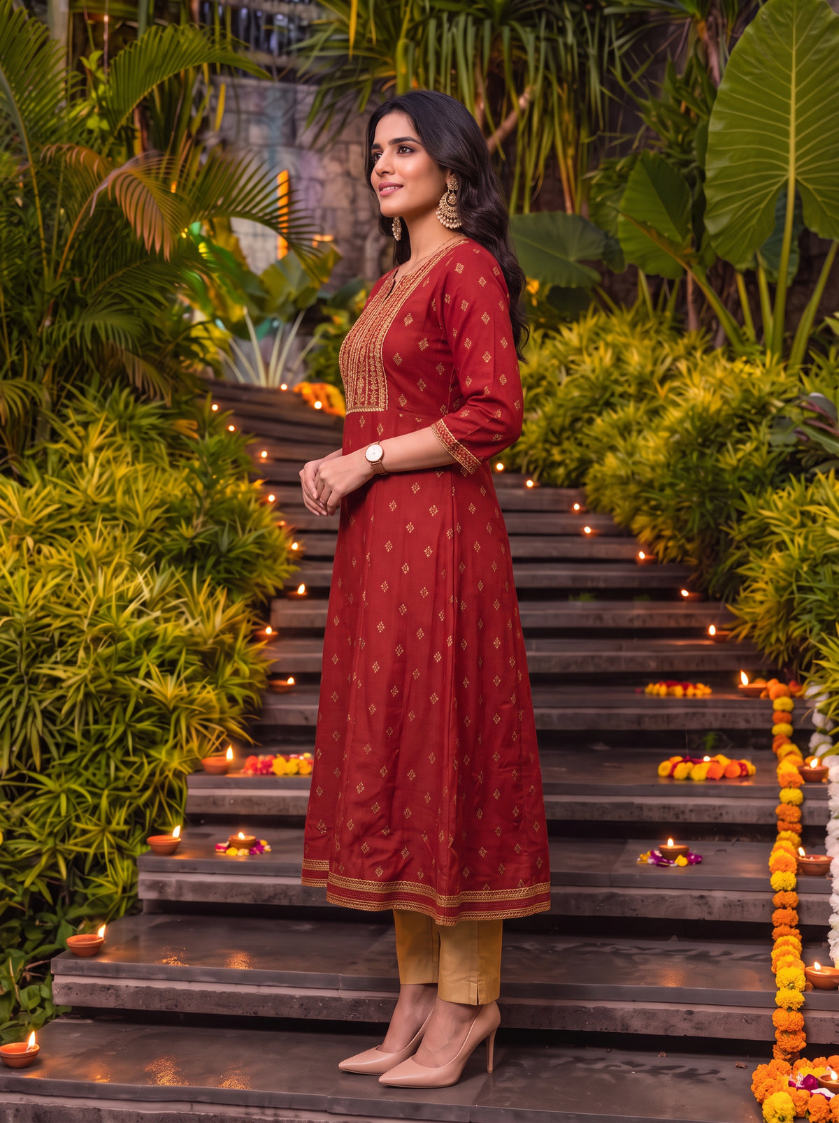 Buy Rayon Embroidered Flared Calf Length Kurta-Red