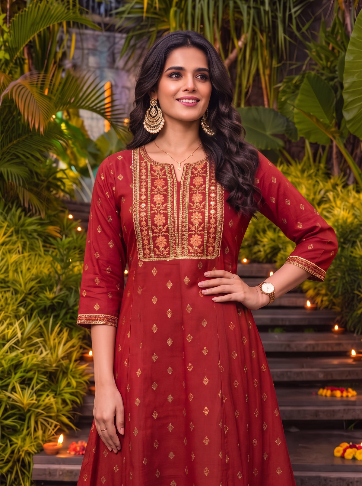 Rayon Embroidered Flared Calf Length Kurta