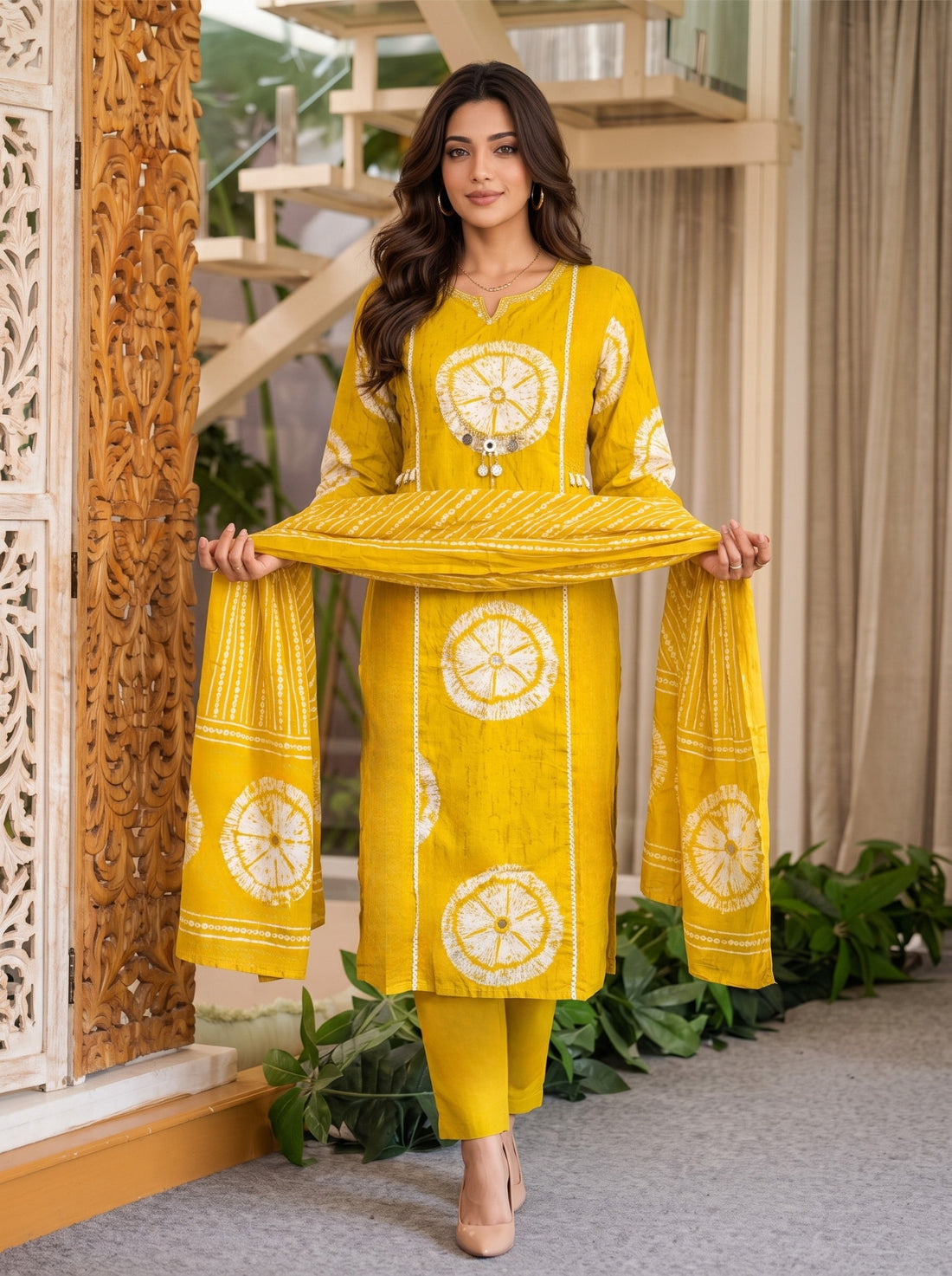 Buy Cotton Embroidered Straight Calf Length Kurta With Pant and Dupatta-Yellow