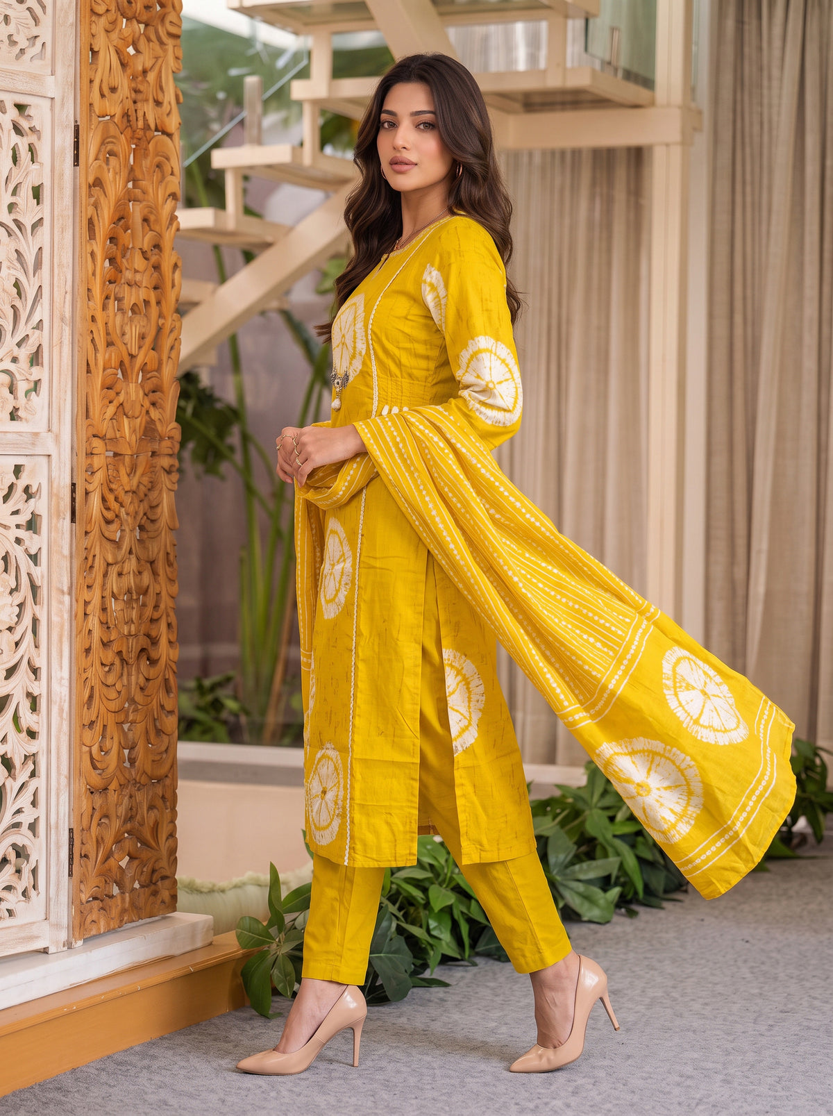 Buy Cotton Embroidered Straight Calf Length Kurta With Pant and Dupatta-Yellow