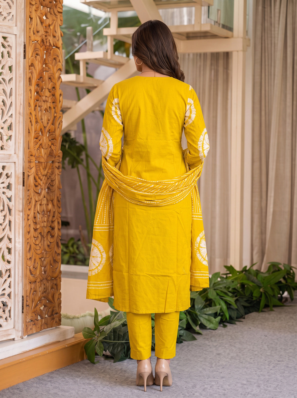 Buy Cotton Embroidered Straight Calf Length Kurta With Pant and Dupatta-Yellow