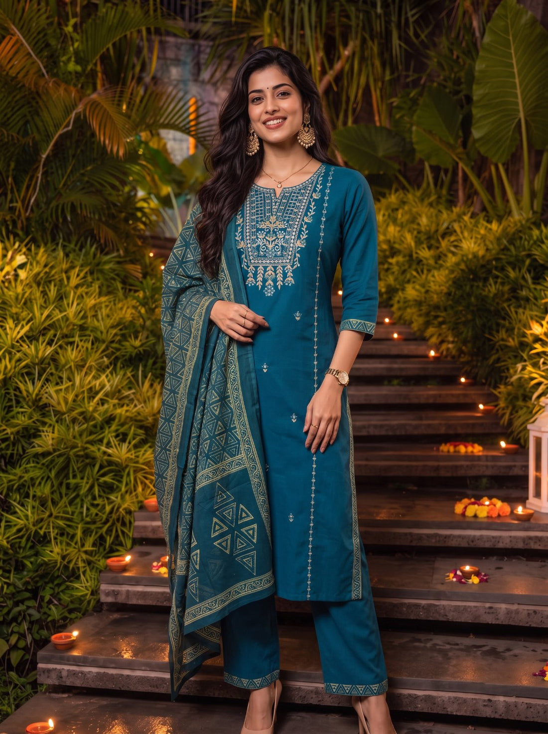 Buy Cotton Embroidered Straight Calf Length Kurta With Pant and Dupatta-Teal