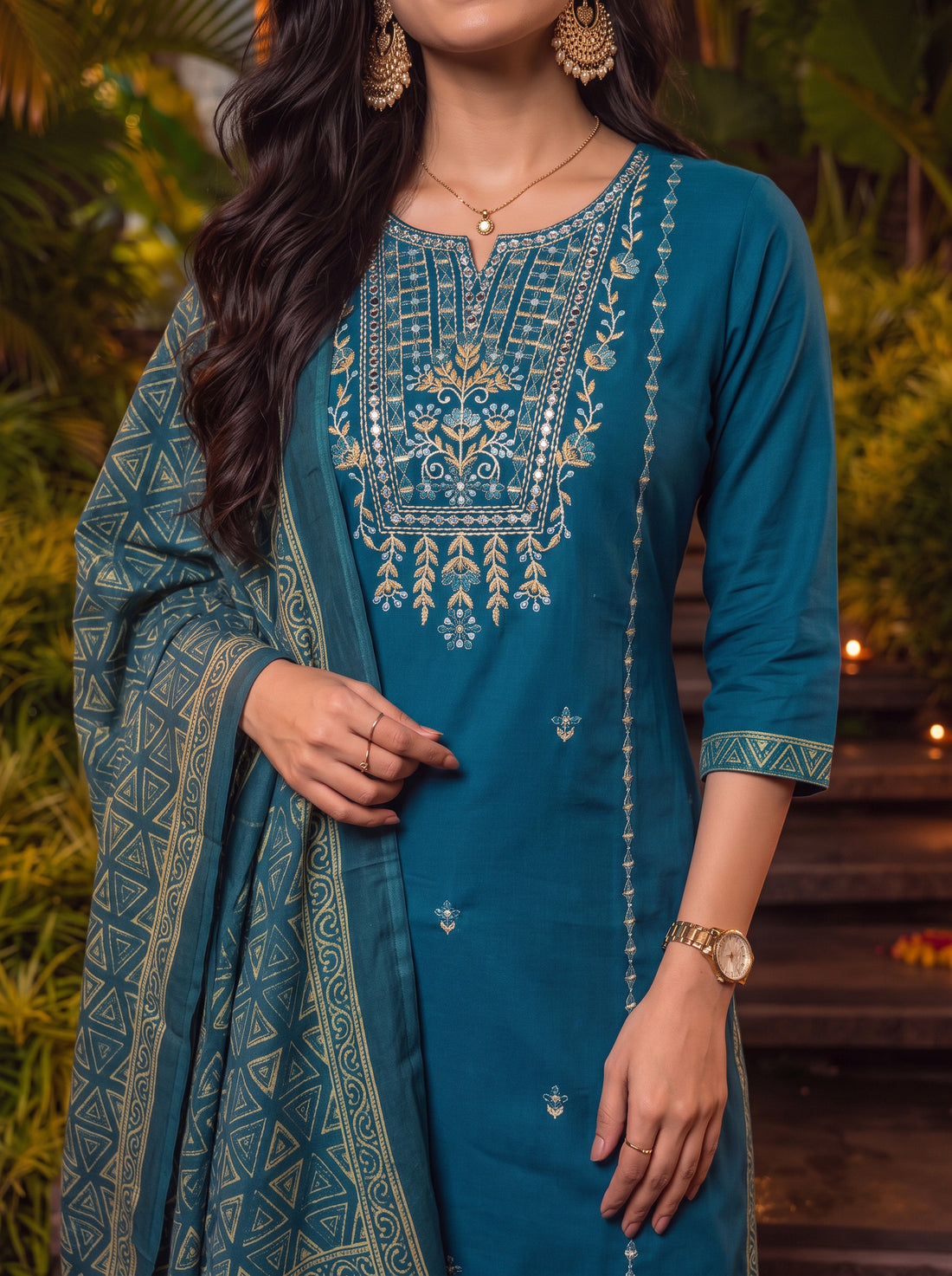 Buy Cotton Embroidered Straight Calf Length Kurta With Pant and Dupatta-Teal