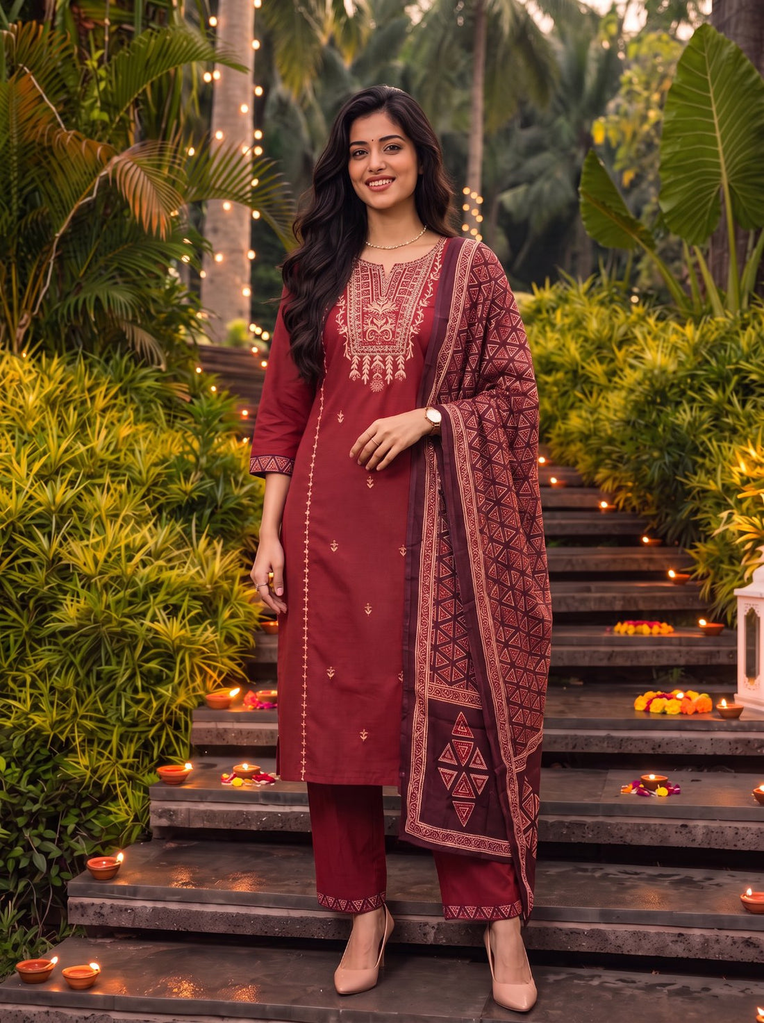 Buy Cotton Embroidered Straight Calf Length Kurta With Pant and Dupatta-Red