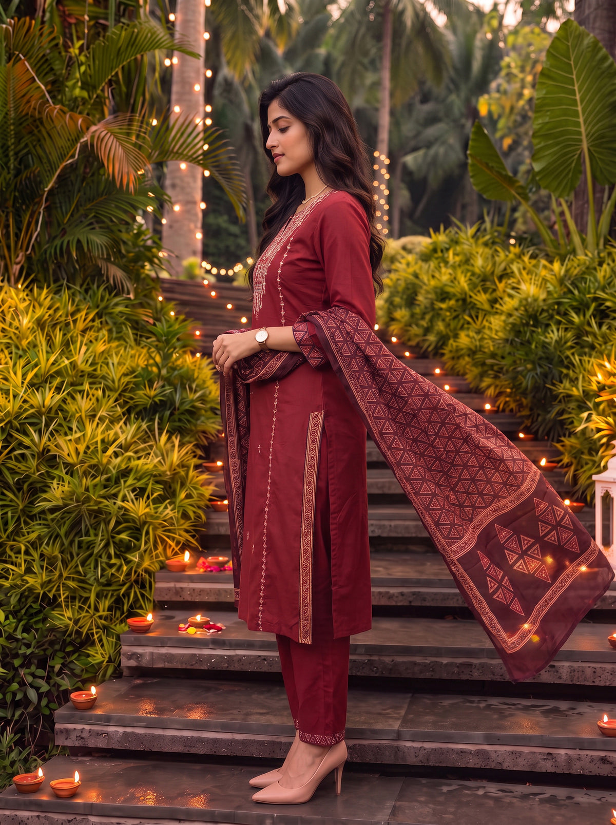Buy Cotton Embroidered Straight Calf Length Kurta With Pant and Dupatta-Red