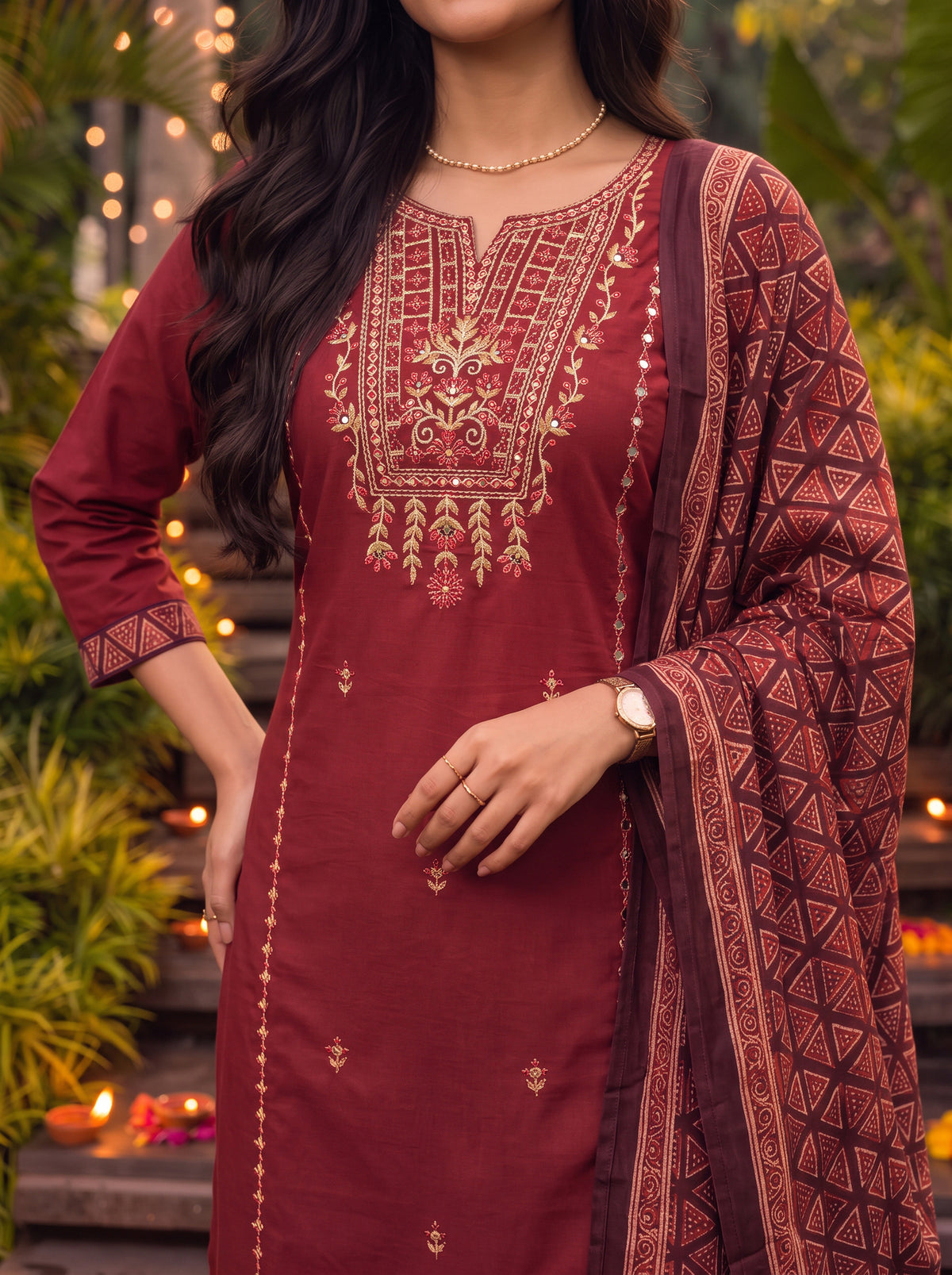 Cotton Embroidered Straight Calf Length Kurta With Pant and Dupatta