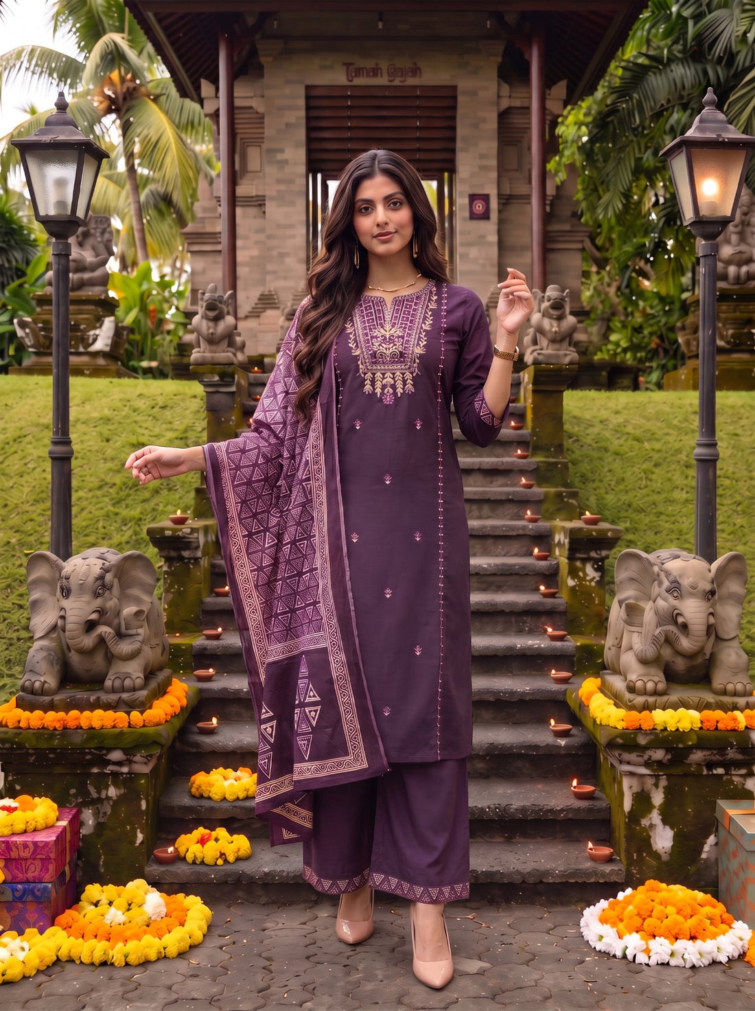 Buy Cotton Embroidered Straight Calf Length Kurta With Pant and Dupatta-Purple