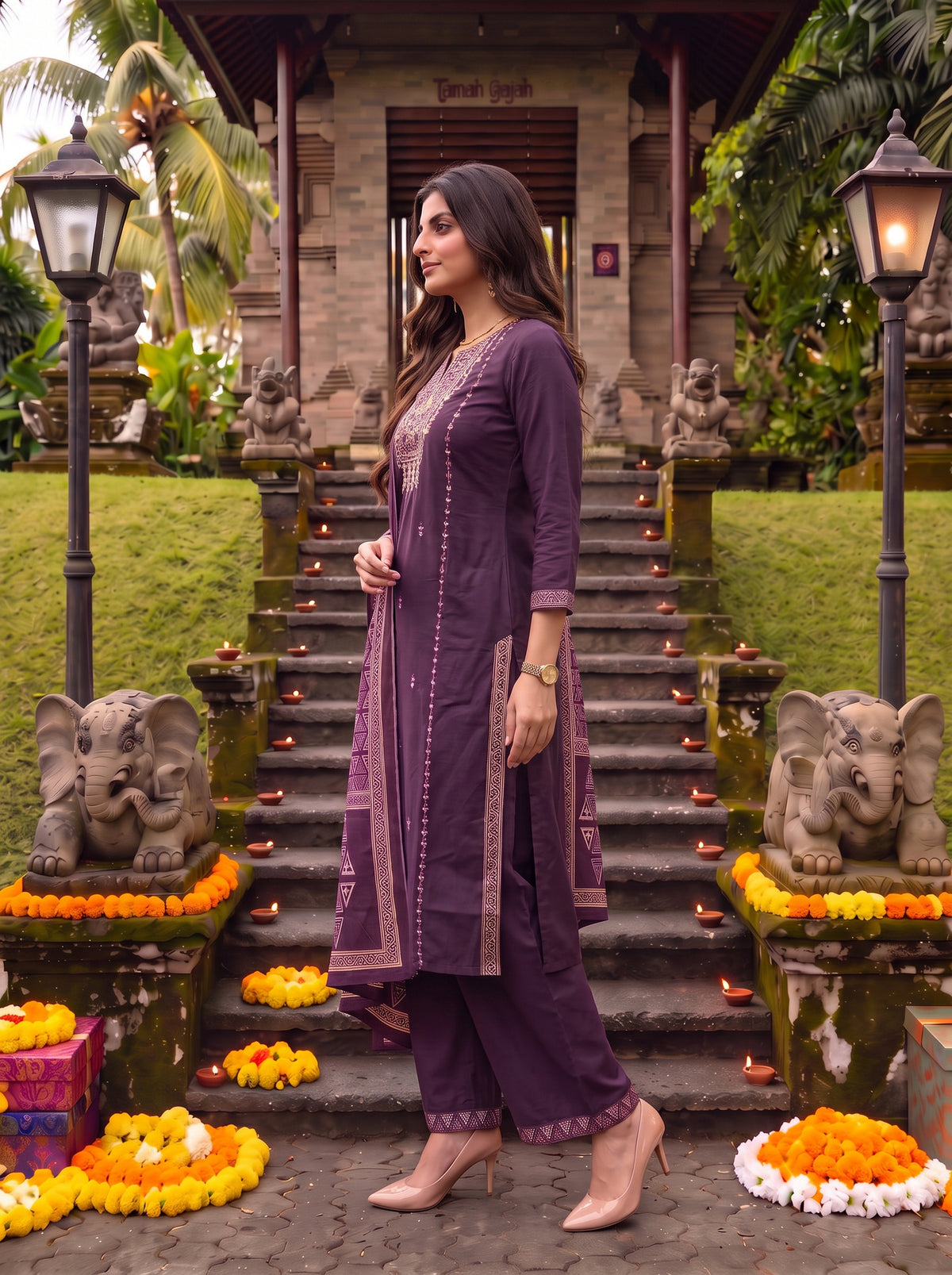 Buy Cotton Embroidered Straight Calf Length Kurta With Pant and Dupatta-Purple
