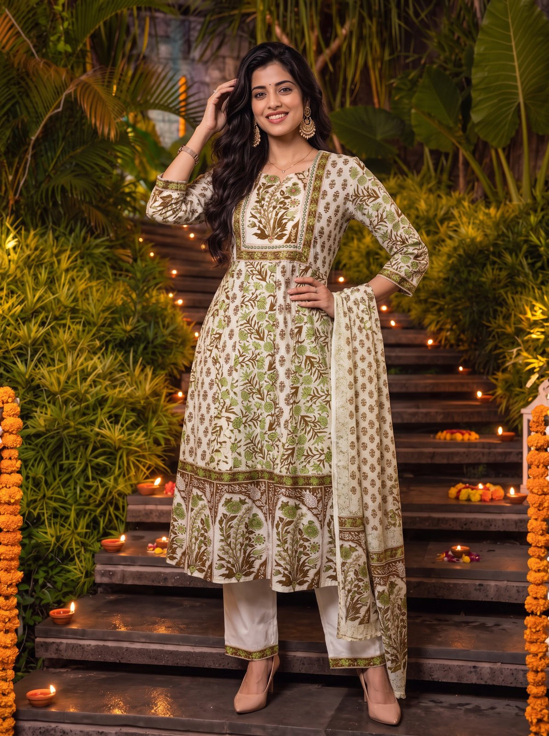 Buy Cotton Printed Flared Calf Length Kurta With Pant and Dupatta-Green
