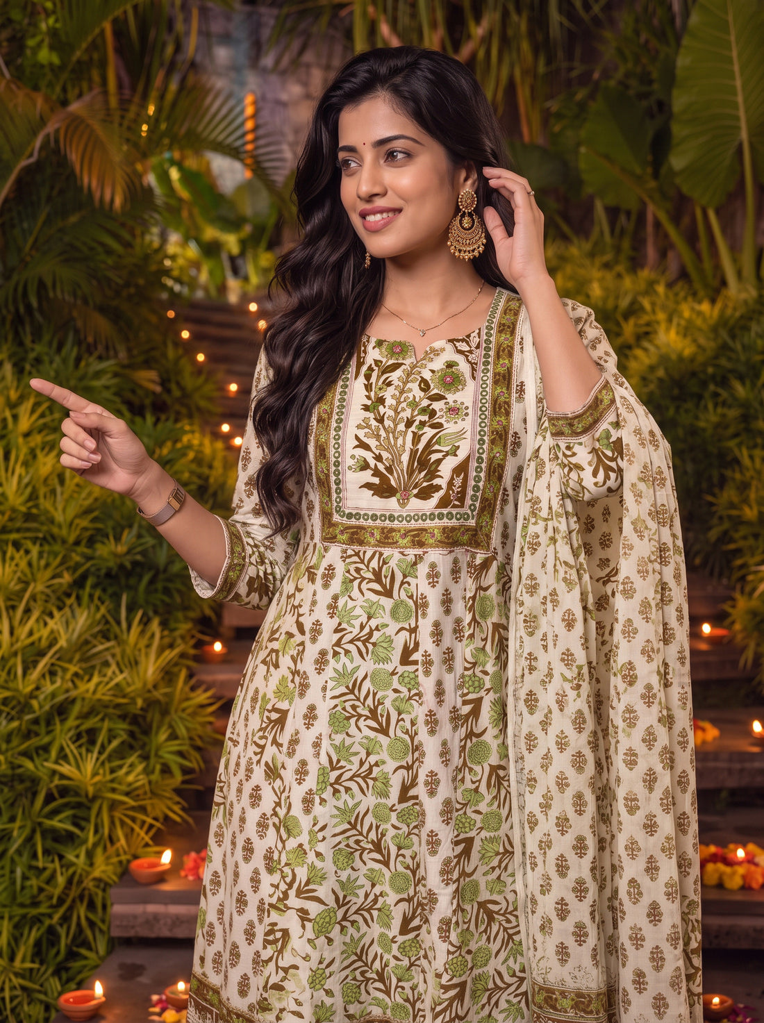 Buy Cotton Printed Flared Calf Length Kurta With Pant and Dupatta-Green