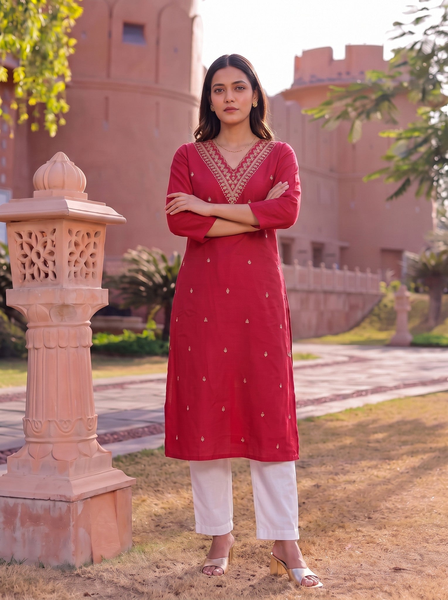 Viscose Embroidered Straight Calf Length Kurta