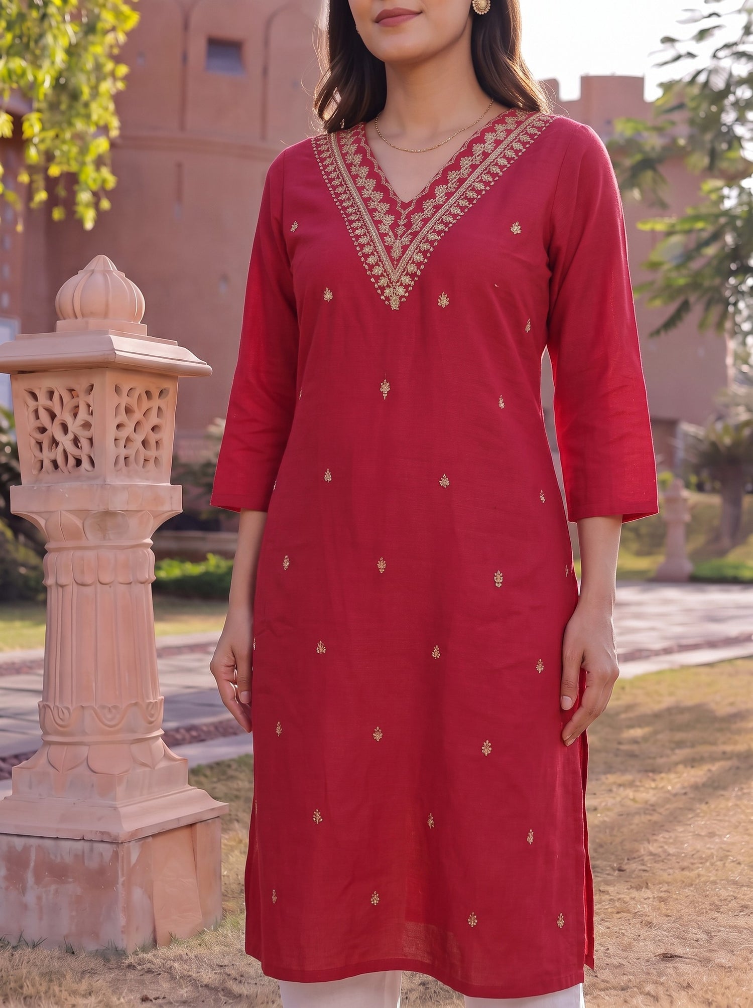 Buy Viscose Embroidered Straight Calf Length Kurta-Fuchsia