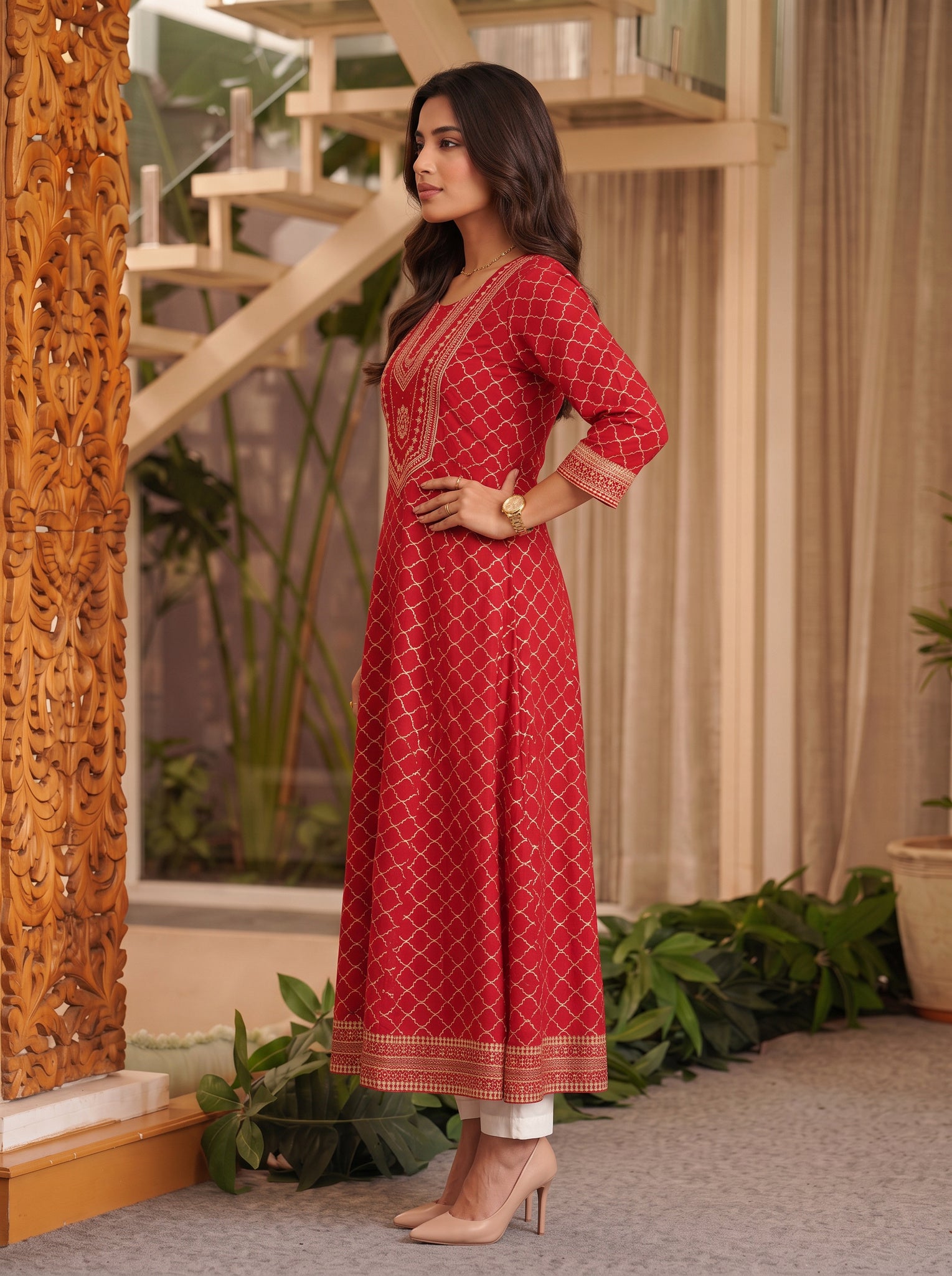 Viscose Embroidered Flared Calf Length Kurta