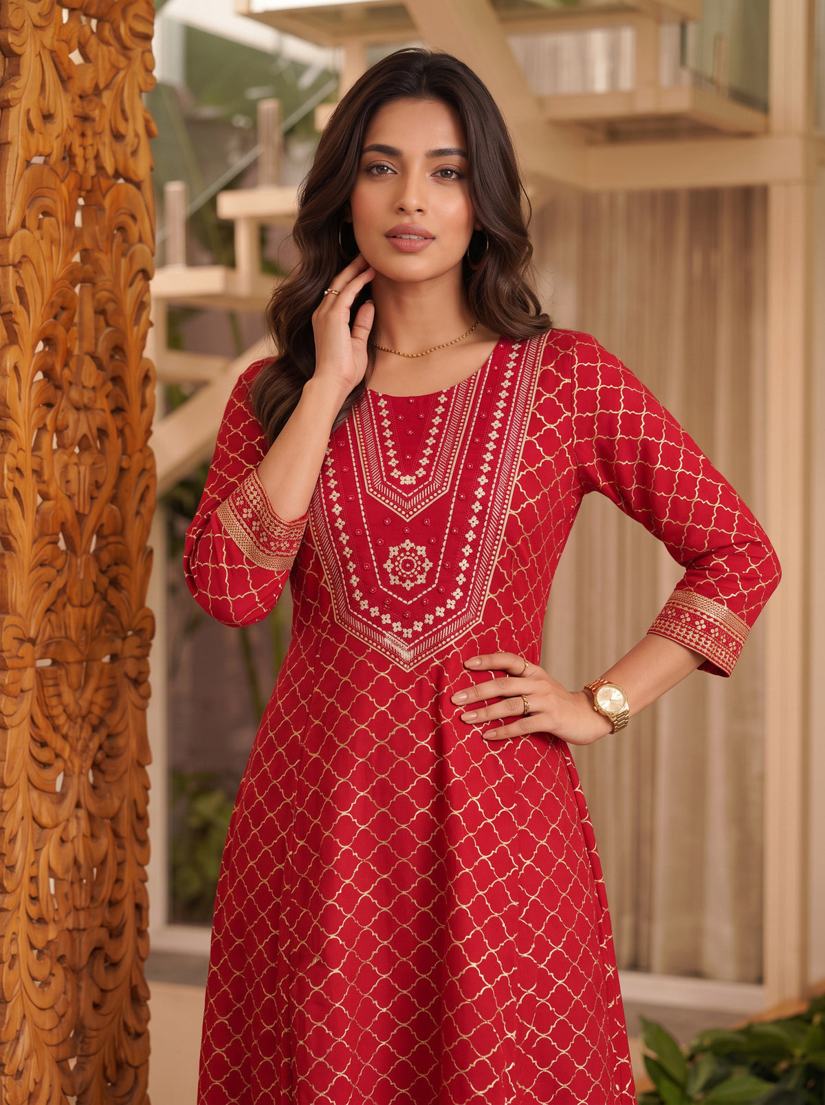 Buy Viscose Embroidered Flared Calf Length Kurta-Maroon