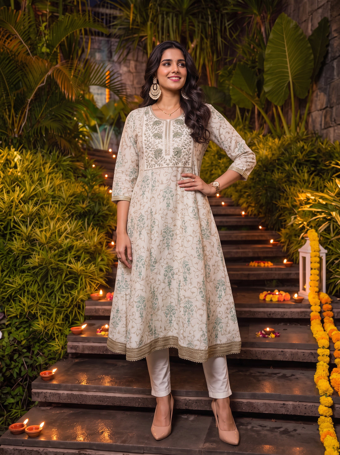 Buy Viscose Embroidered Flared Calf Length Kurta-Off White