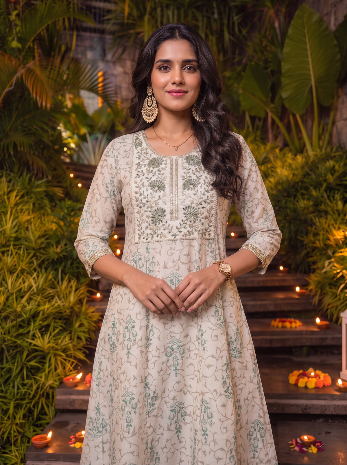Buy Viscose Embroidered Flared Calf Length Kurta-Off White