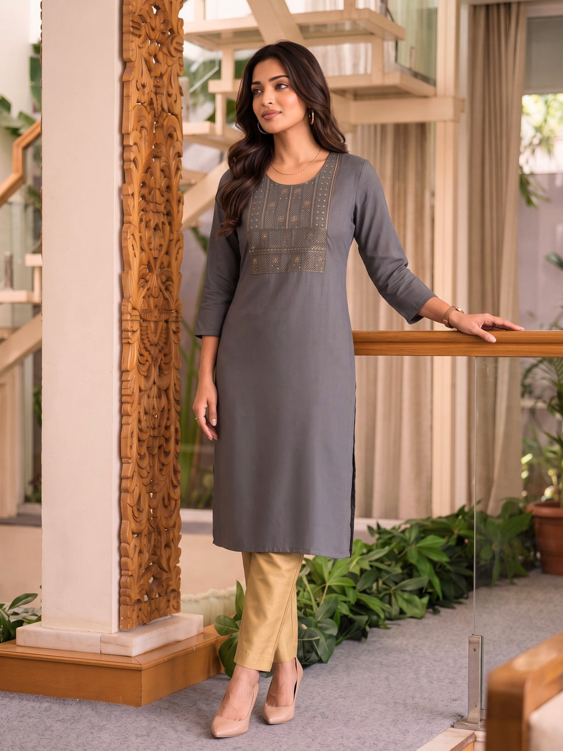 Buy Rayon Embroidered Straight Calf Length Kurta-Grey