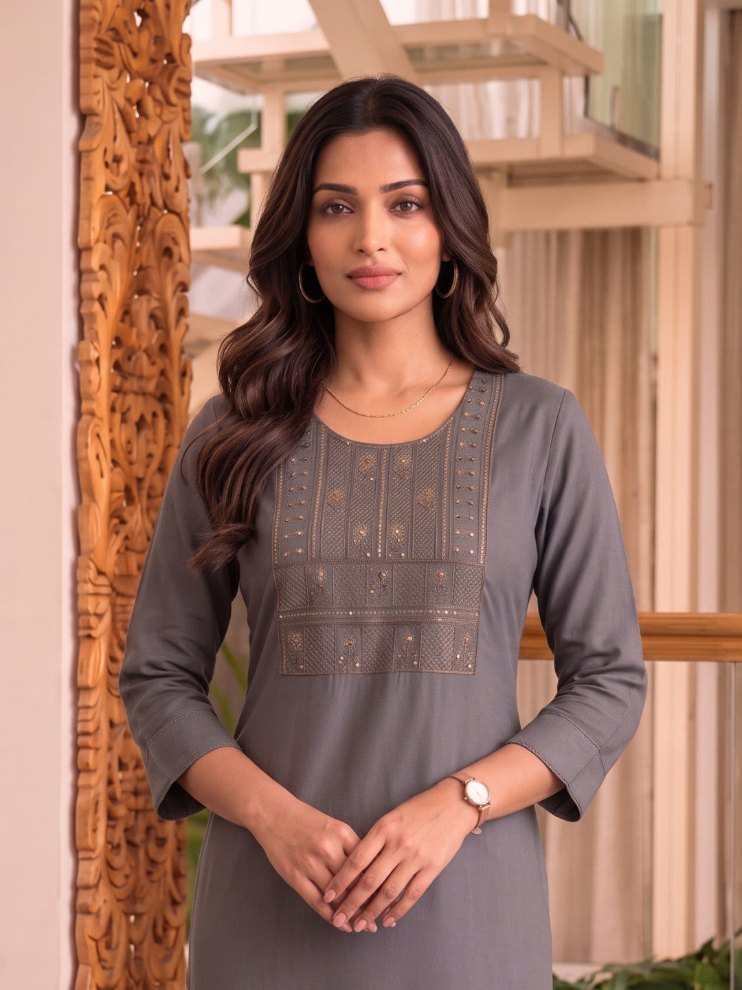Buy Rayon Embroidered Straight Calf Length Kurta-Grey