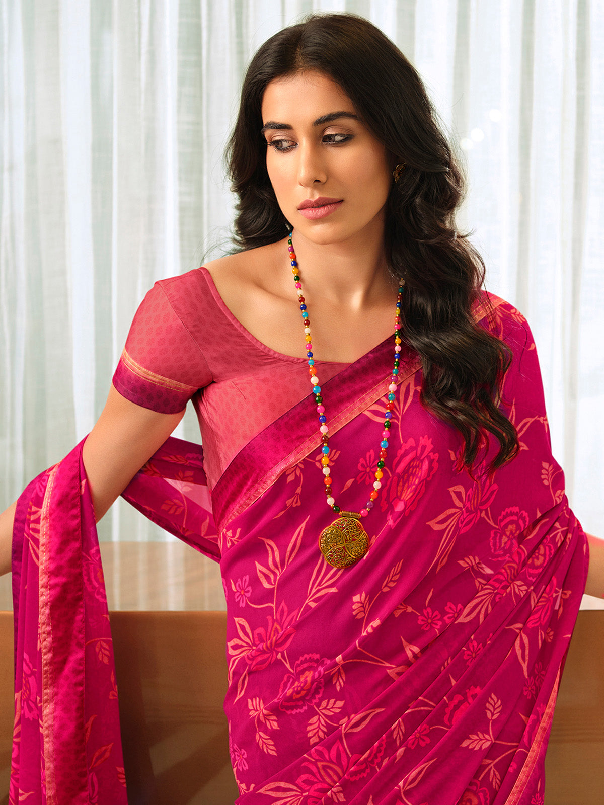 Buy Georgette Floral Printed Saree With Lace Border & Blouse Piece-Magenta