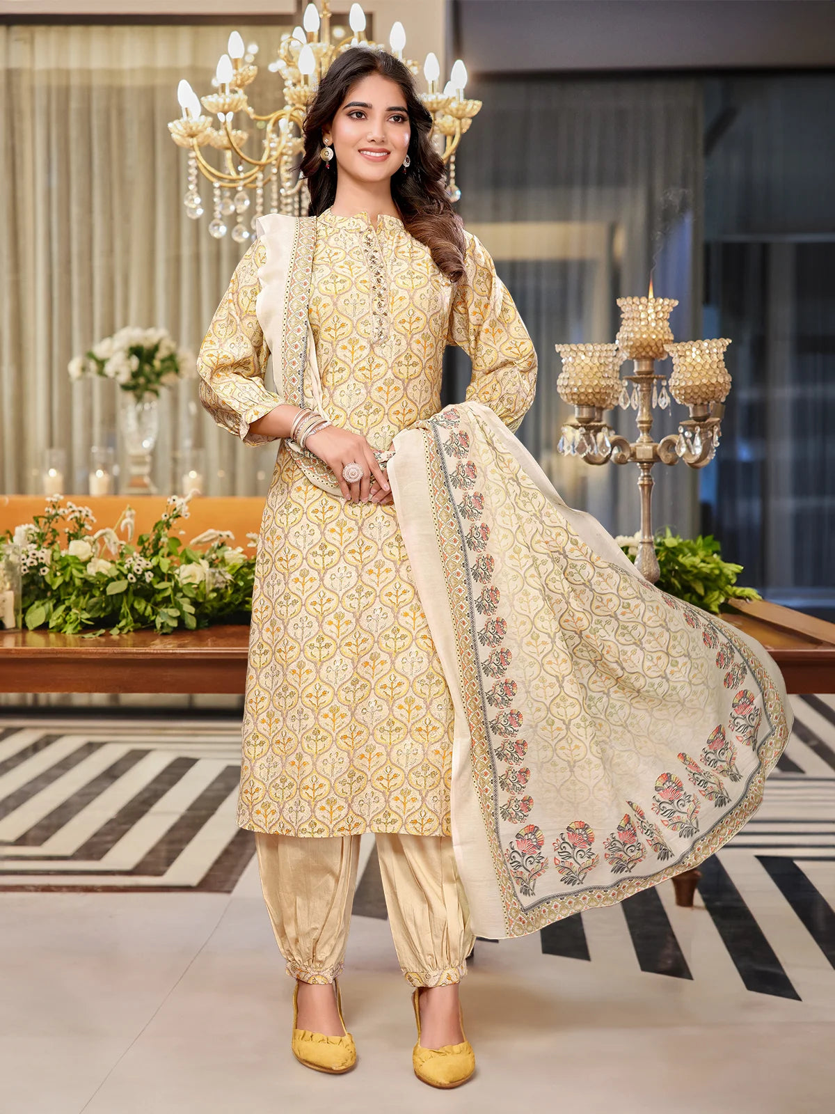 Buy Viscose Blend Embroidered Calf Length Kurta with Afgani Pant and Dupatta-Yellow