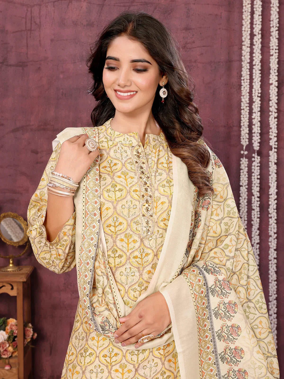 Buy Viscose Blend Embroidered Calf Length Kurta with Afgani Pant and Dupatta-Yellow