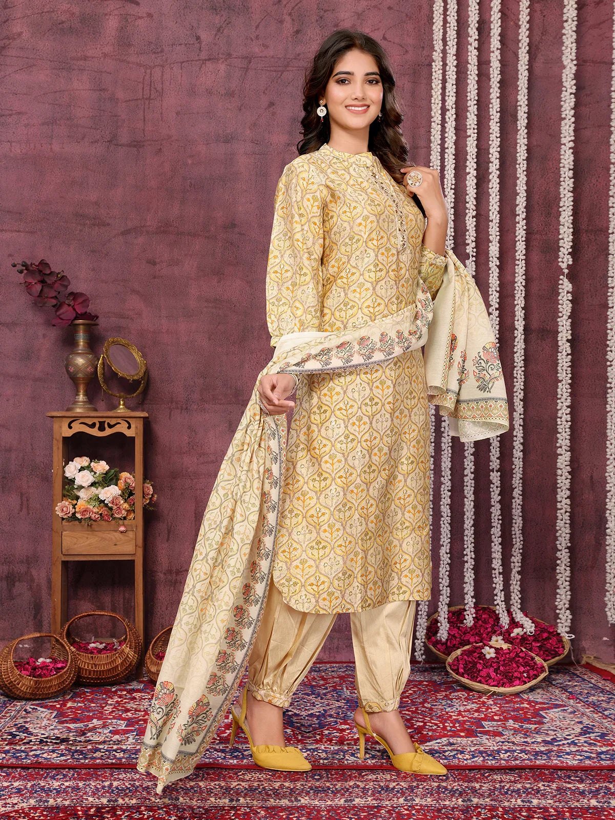 Buy Viscose Blend Embroidered Calf Length Kurta with Afgani Pant and Dupatta-Yellow