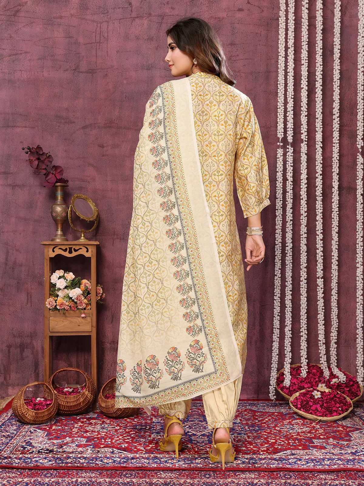 Buy Viscose Blend Embroidered Calf Length Kurta with Afgani Pant and Dupatta-Yellow