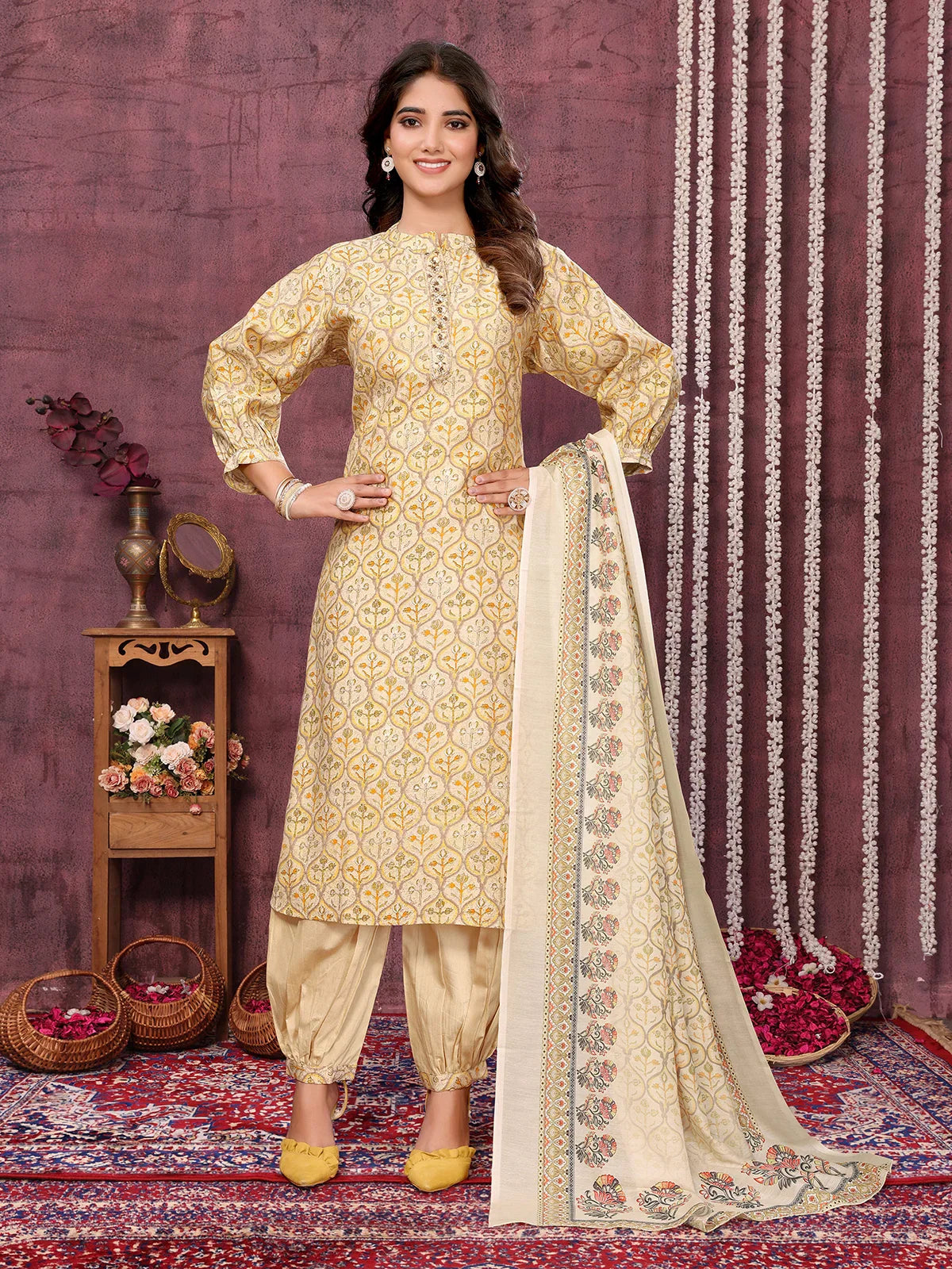 Buy Viscose Blend Embroidered Calf Length Kurta with Afgani Pant and Dupatta-Yellow