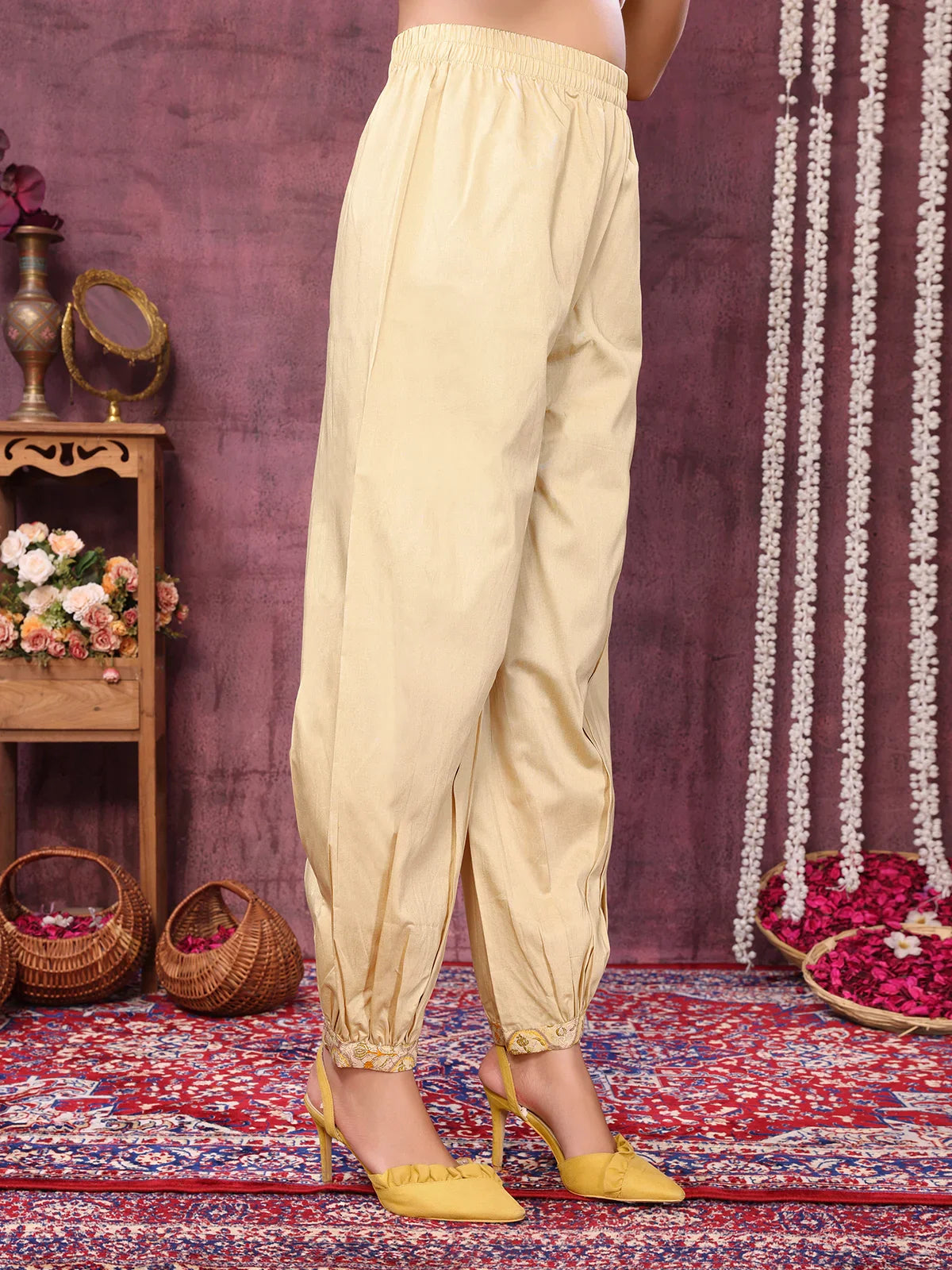 Buy Viscose Blend Embroidered Calf Length Kurta with Afgani Pant and Dupatta-Yellow