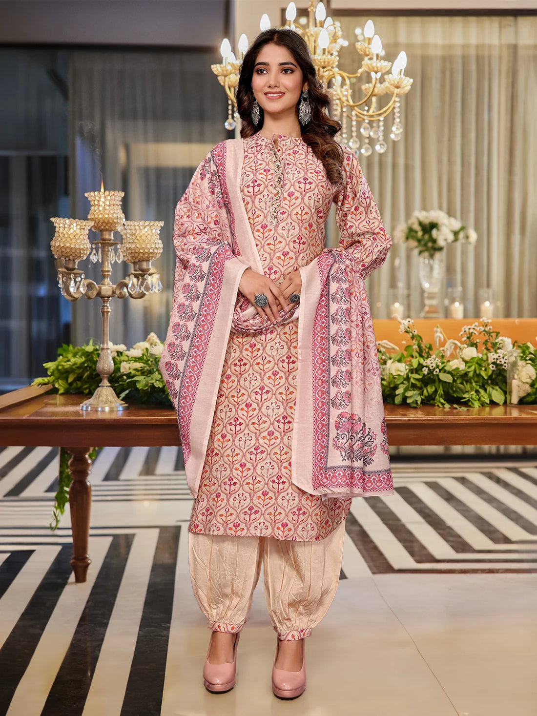 Buy Viscose Blend Embroidered Calf Length Kurta with Afgani Pant and Dupatta-Cream