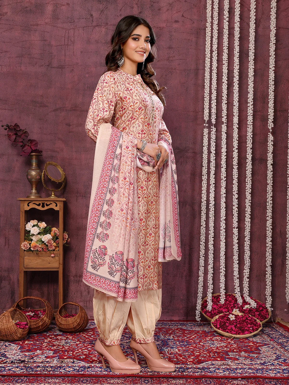 Buy Viscose Blend Embroidered Calf Length Kurta with Afgani Pant and Dupatta-Cream