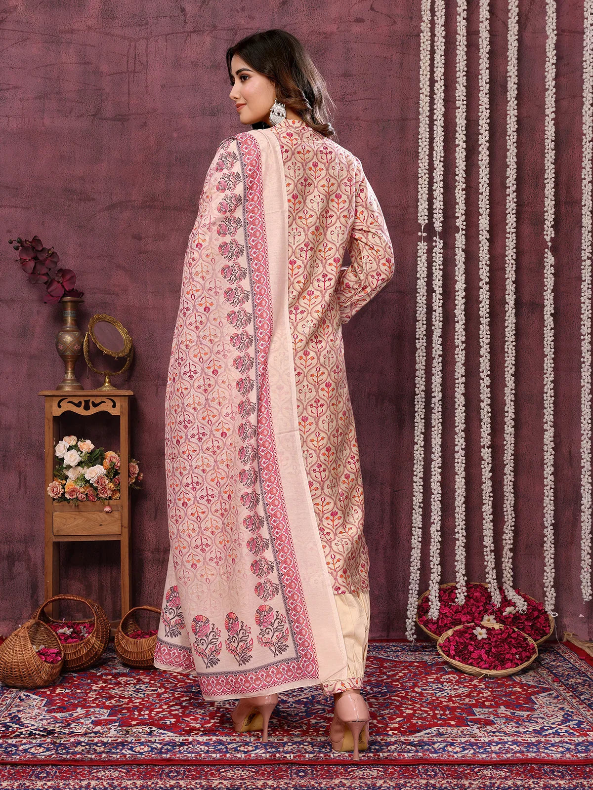 Buy Viscose Blend Embroidered Calf Length Kurta with Afgani Pant and Dupatta-Cream