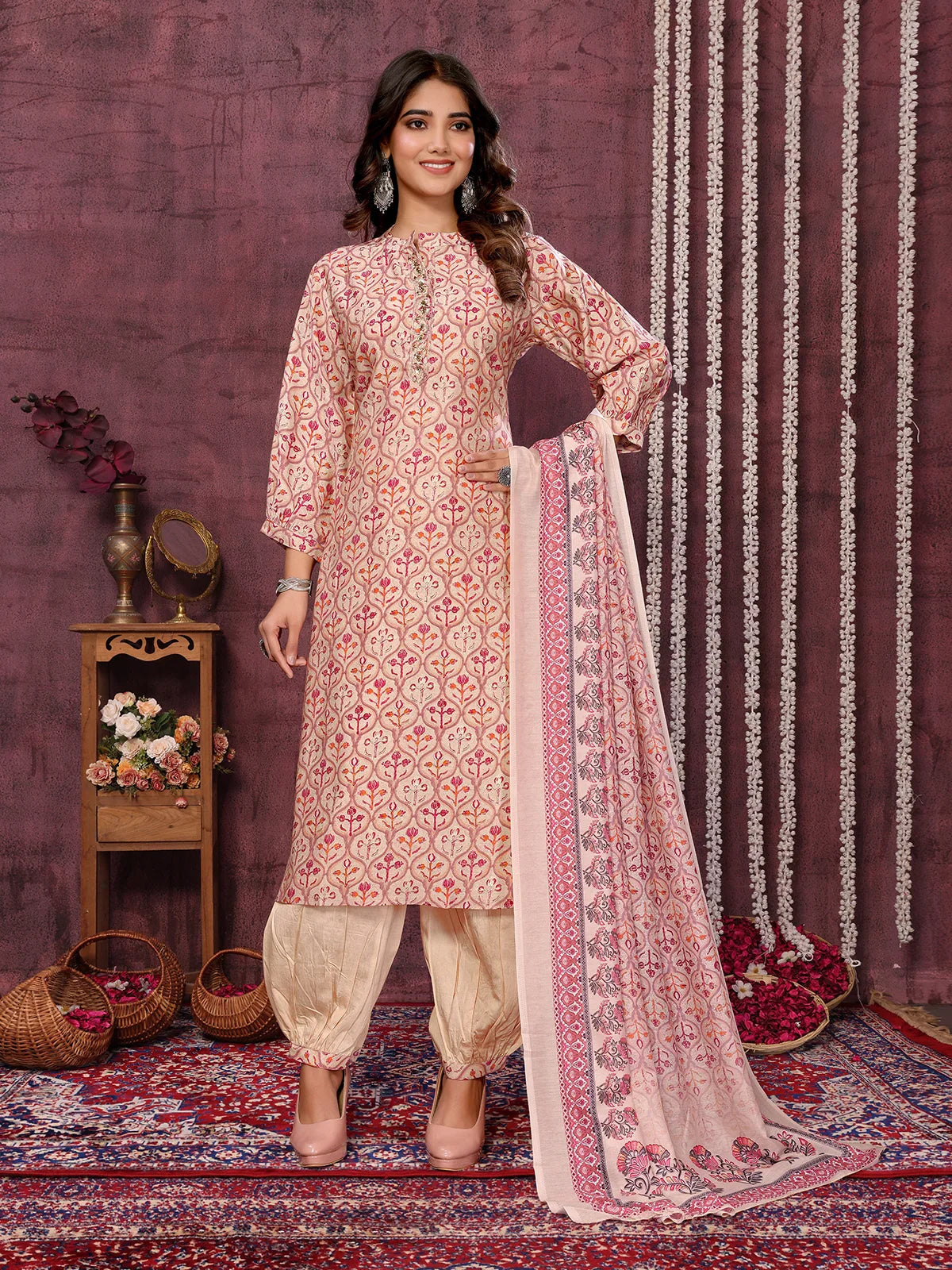 Buy Viscose Blend Embroidered Calf Length Kurta with Afgani Pant and Dupatta-Cream