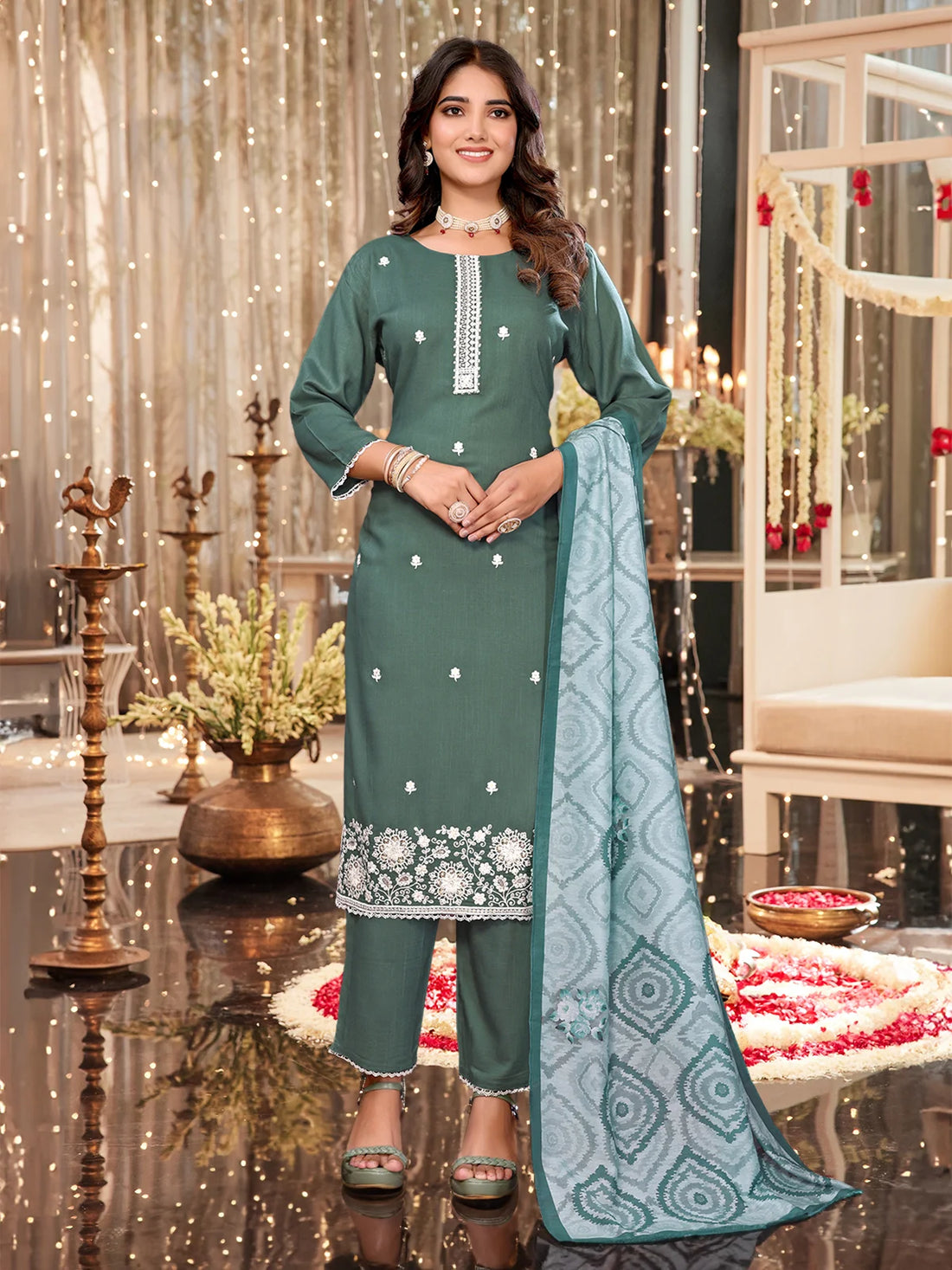 Buy Viscose Blend Embroidered Calf Length Kurta with Pant and Dupatta-Green