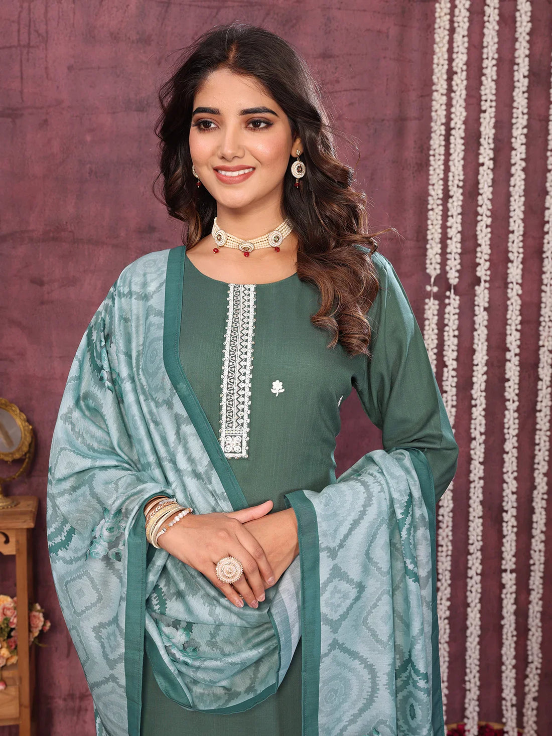 Buy Viscose Blend Embroidered Calf Length Kurta with Pant and Dupatta-Green