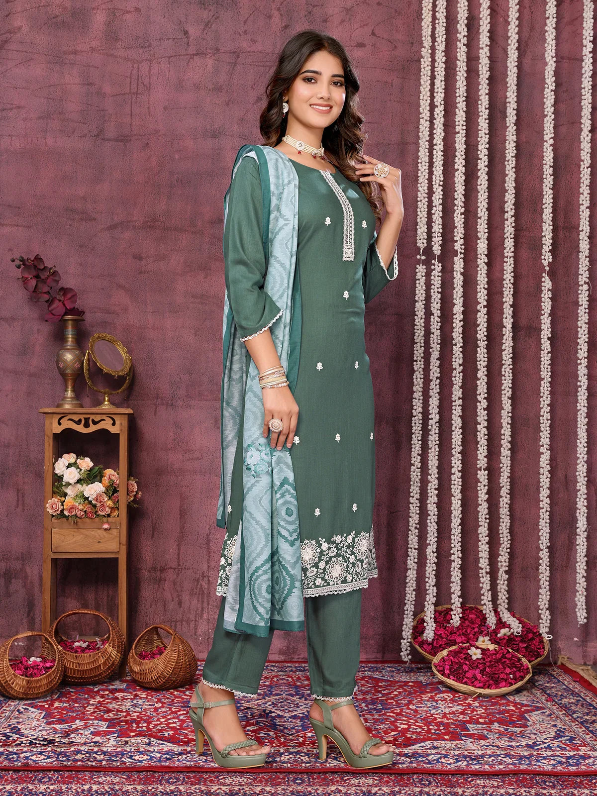 Buy Viscose Blend Embroidered Calf Length Kurta with Pant and Dupatta-Green