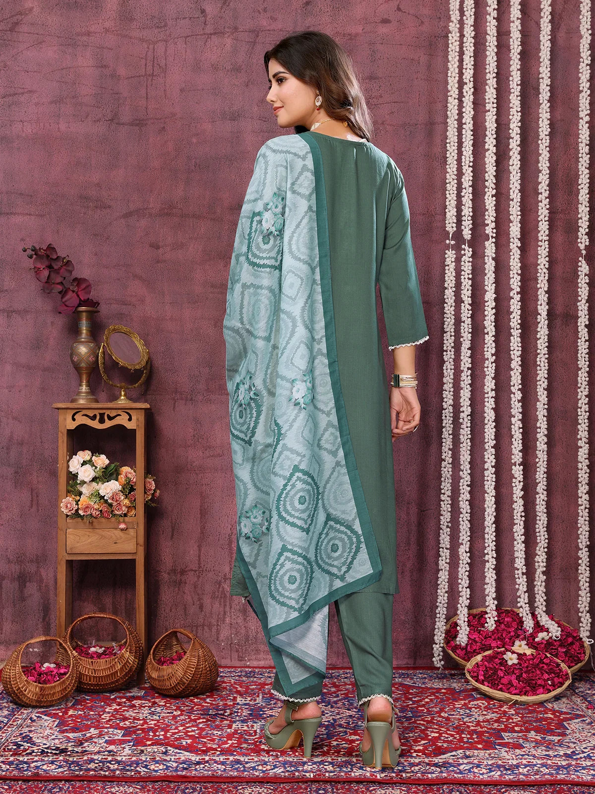 Buy Viscose Blend Embroidered Calf Length Kurta with Pant and Dupatta-Green