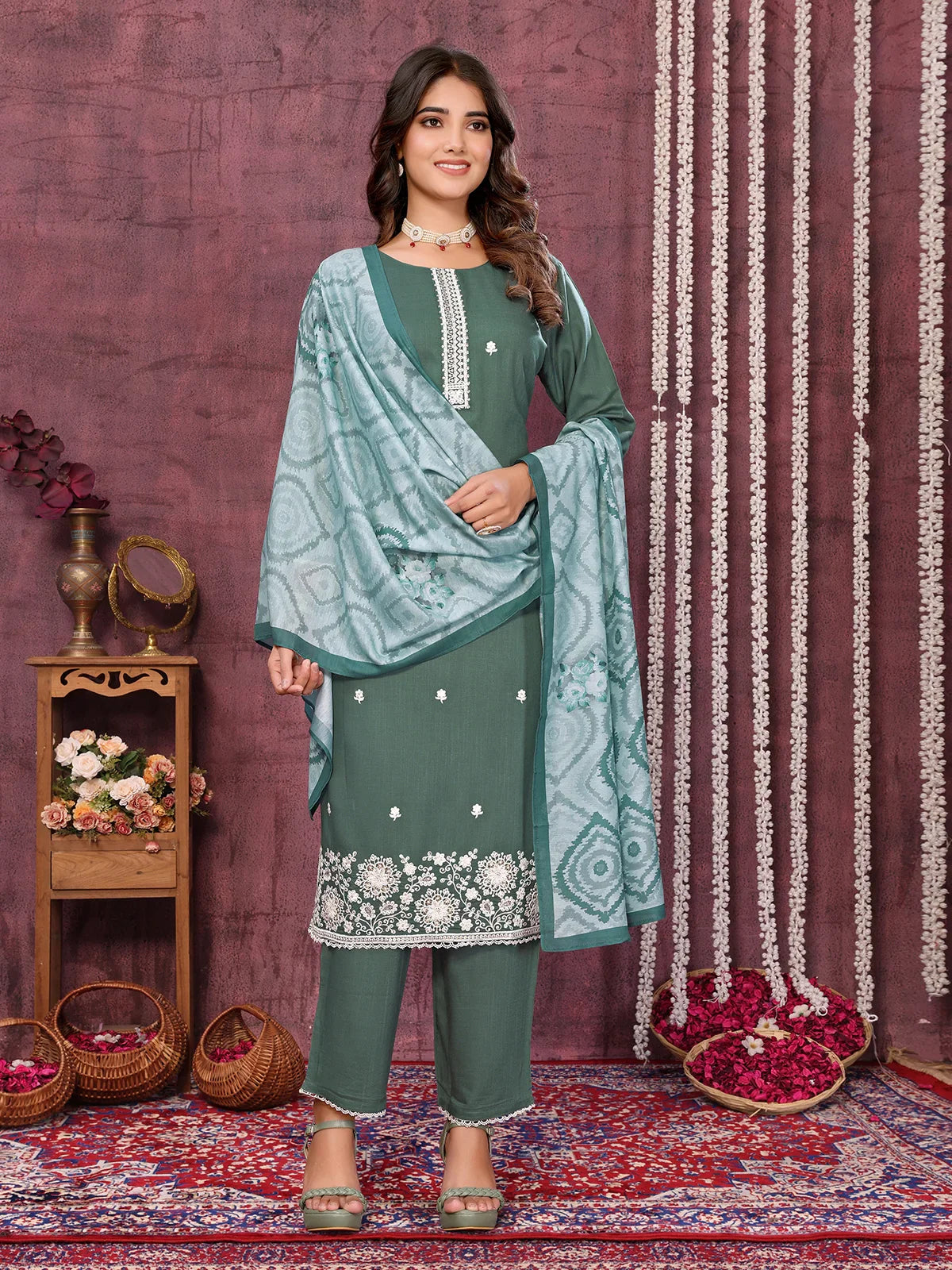 Buy Viscose Blend Embroidered Calf Length Kurta with Pant and Dupatta-Green