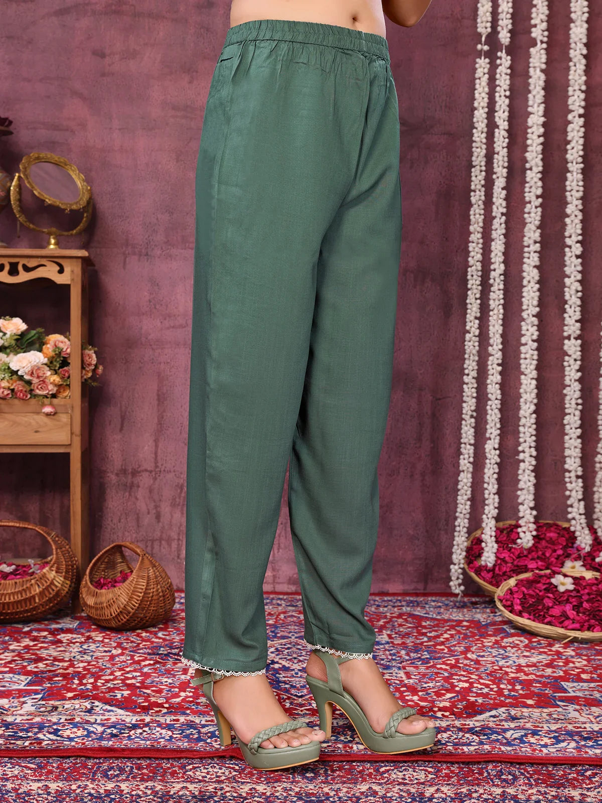 Buy Viscose Blend Embroidered Calf Length Kurta with Pant and Dupatta-Green