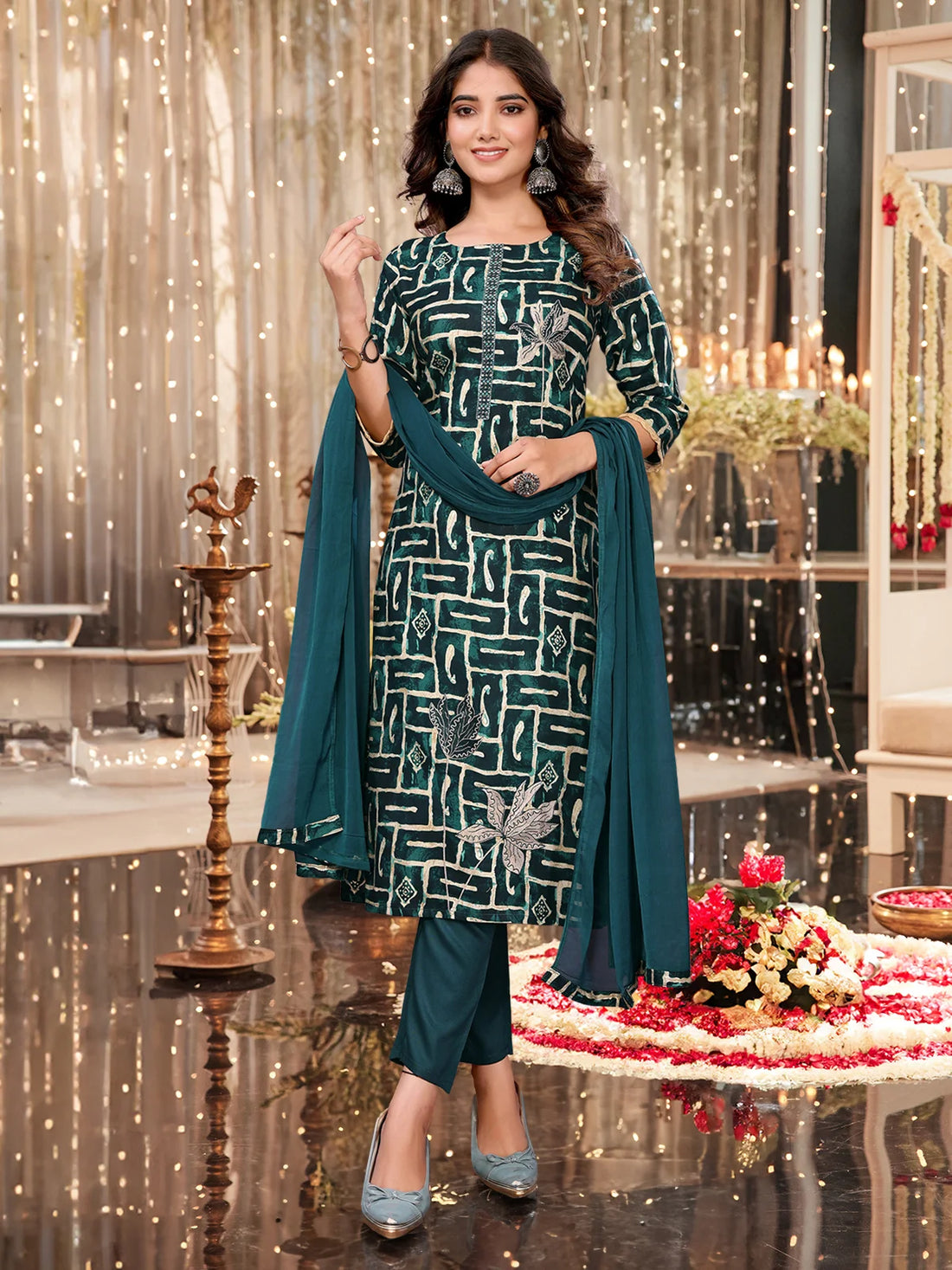 Buy Viscose Blend Embroidered Calf Length Kurta with Pant and Dupatta-Dark Green