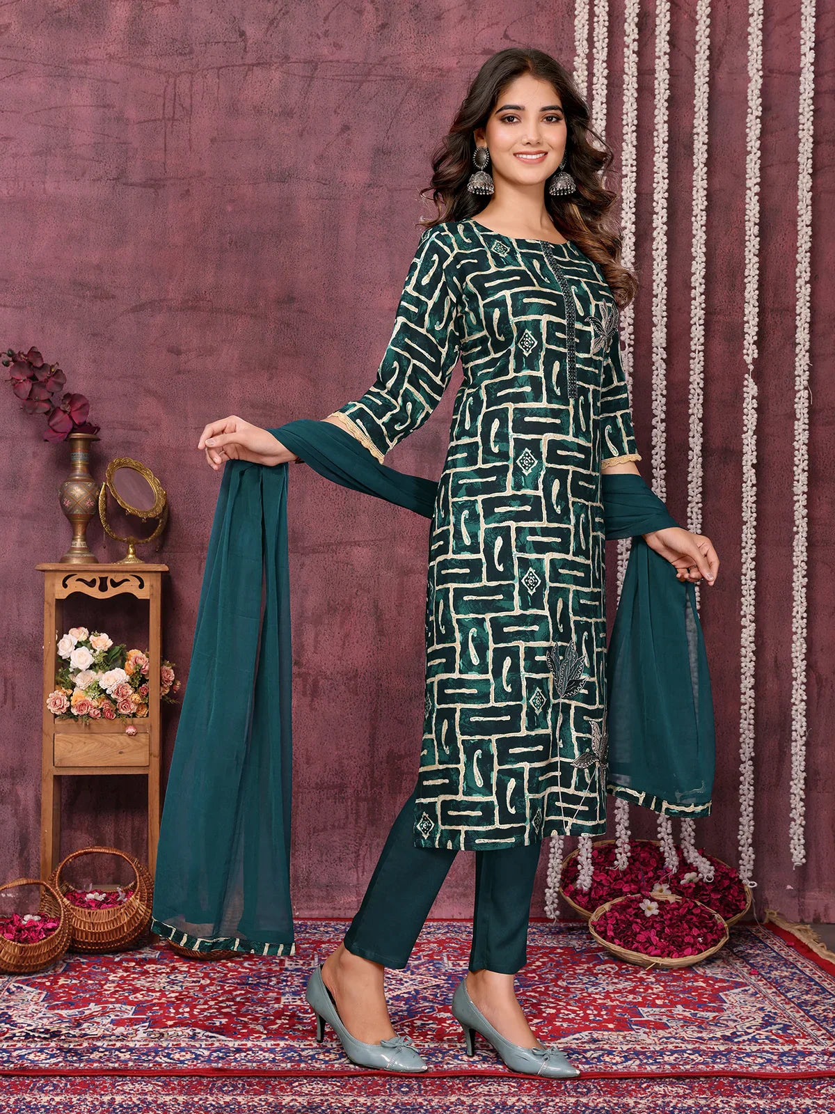 Buy Viscose Blend Embroidered Calf Length Kurta with Pant and Dupatta-Dark Green