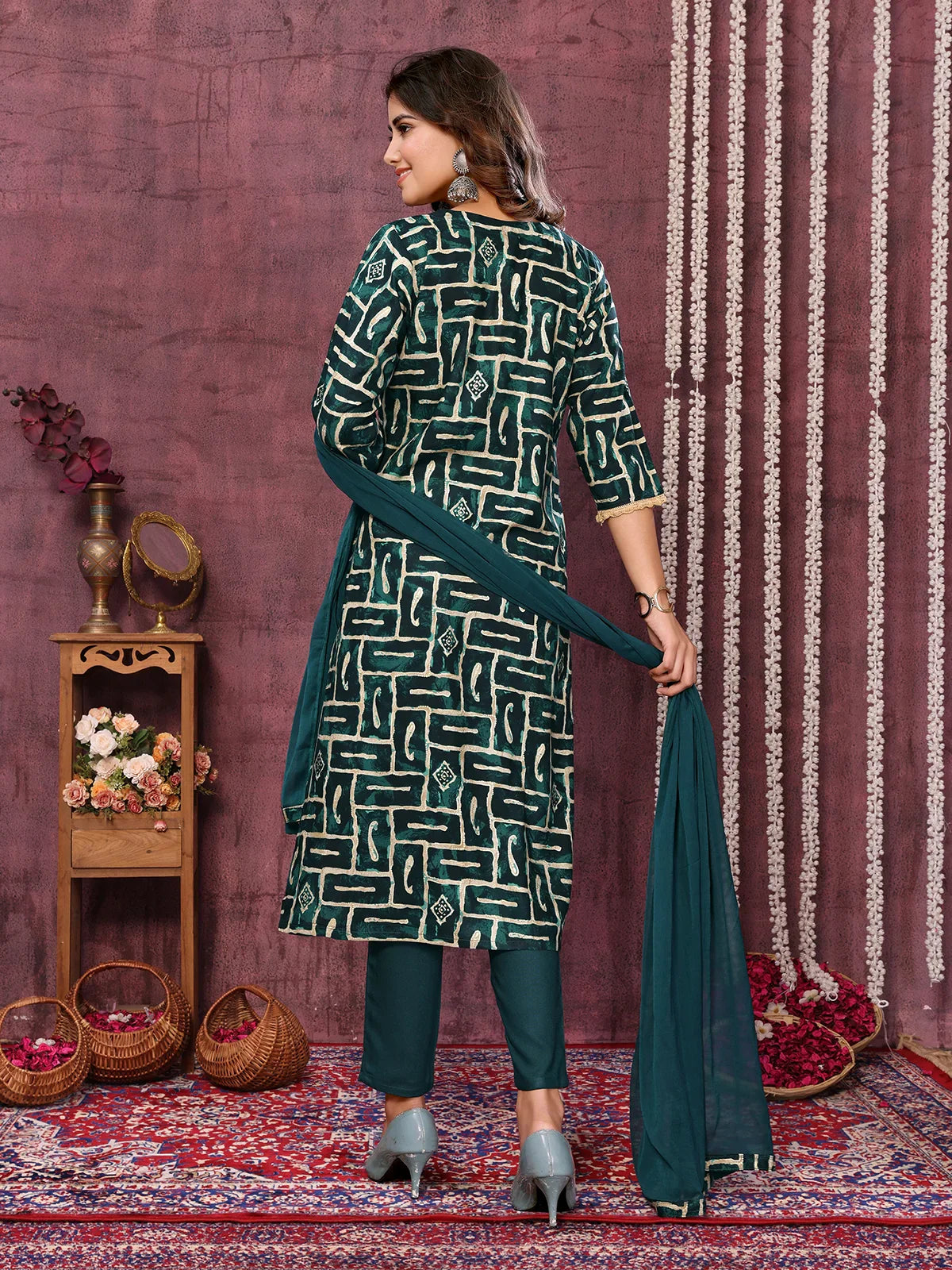 Buy Viscose Blend Embroidered Calf Length Kurta with Pant and Dupatta-Dark Green