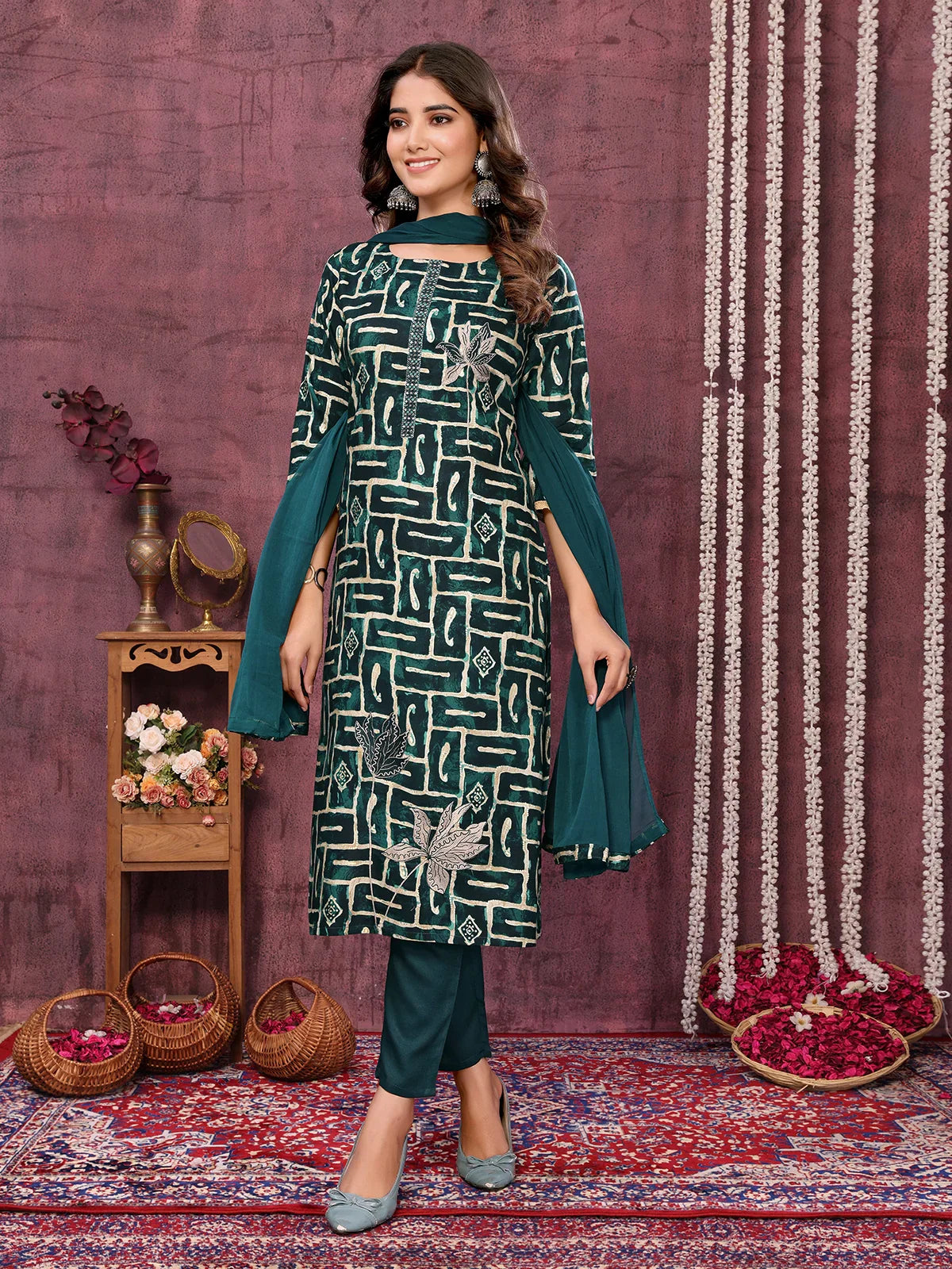 Buy Viscose Blend Embroidered Calf Length Kurta with Pant and Dupatta-Dark Green