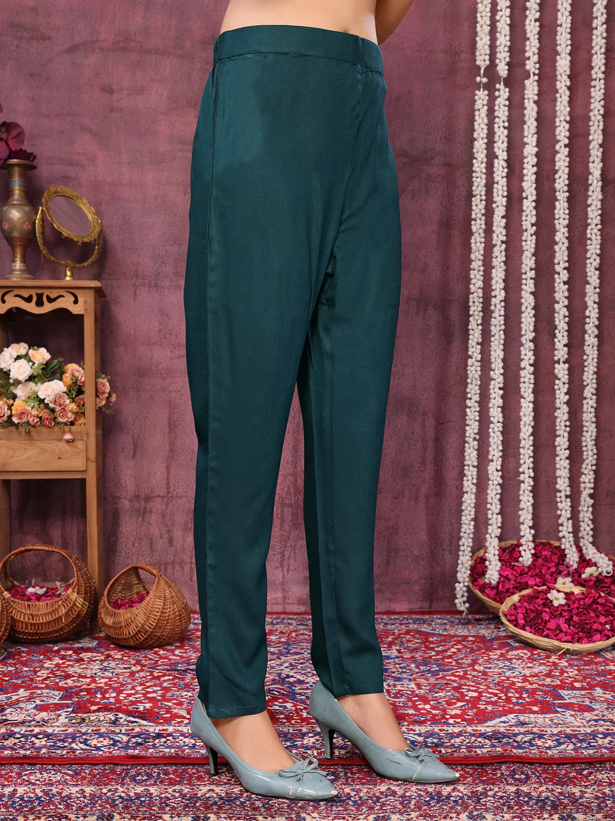 Buy Viscose Blend Embroidered Calf Length Kurta with Pant and Dupatta-Dark Green