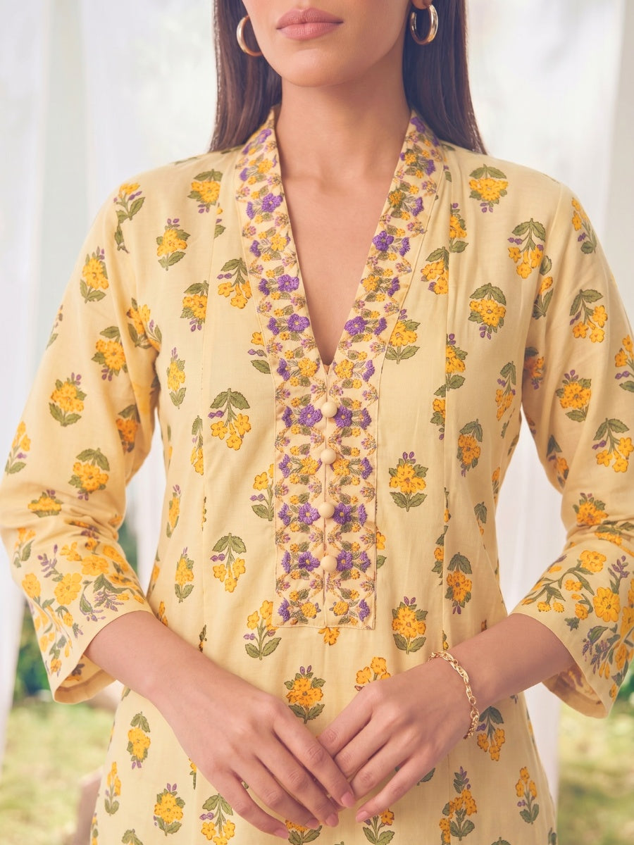 Buy Printed Straight Calf Length Kurta With Pant-Yellow
